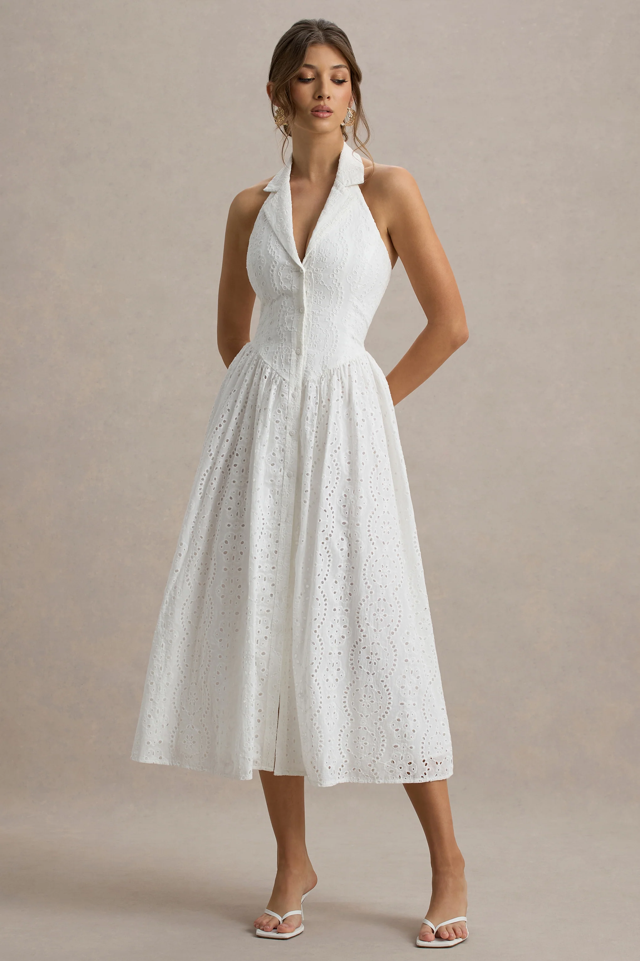 Jezebel | White Lace Plunge-Neck Collared Midi Dress - Image 5