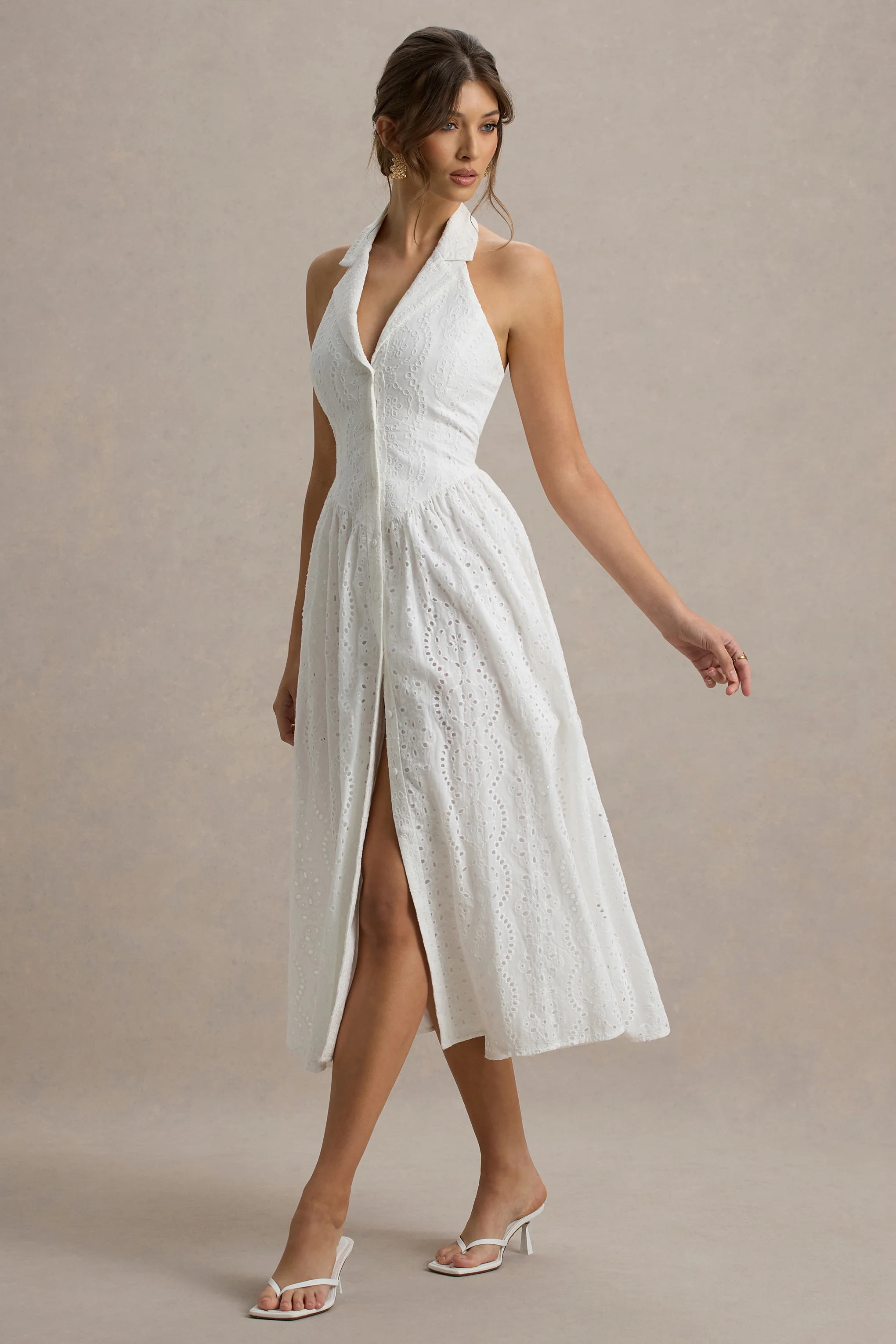 Jezebel | White Lace Plunge-Neck Collared Midi Dress - Image 6