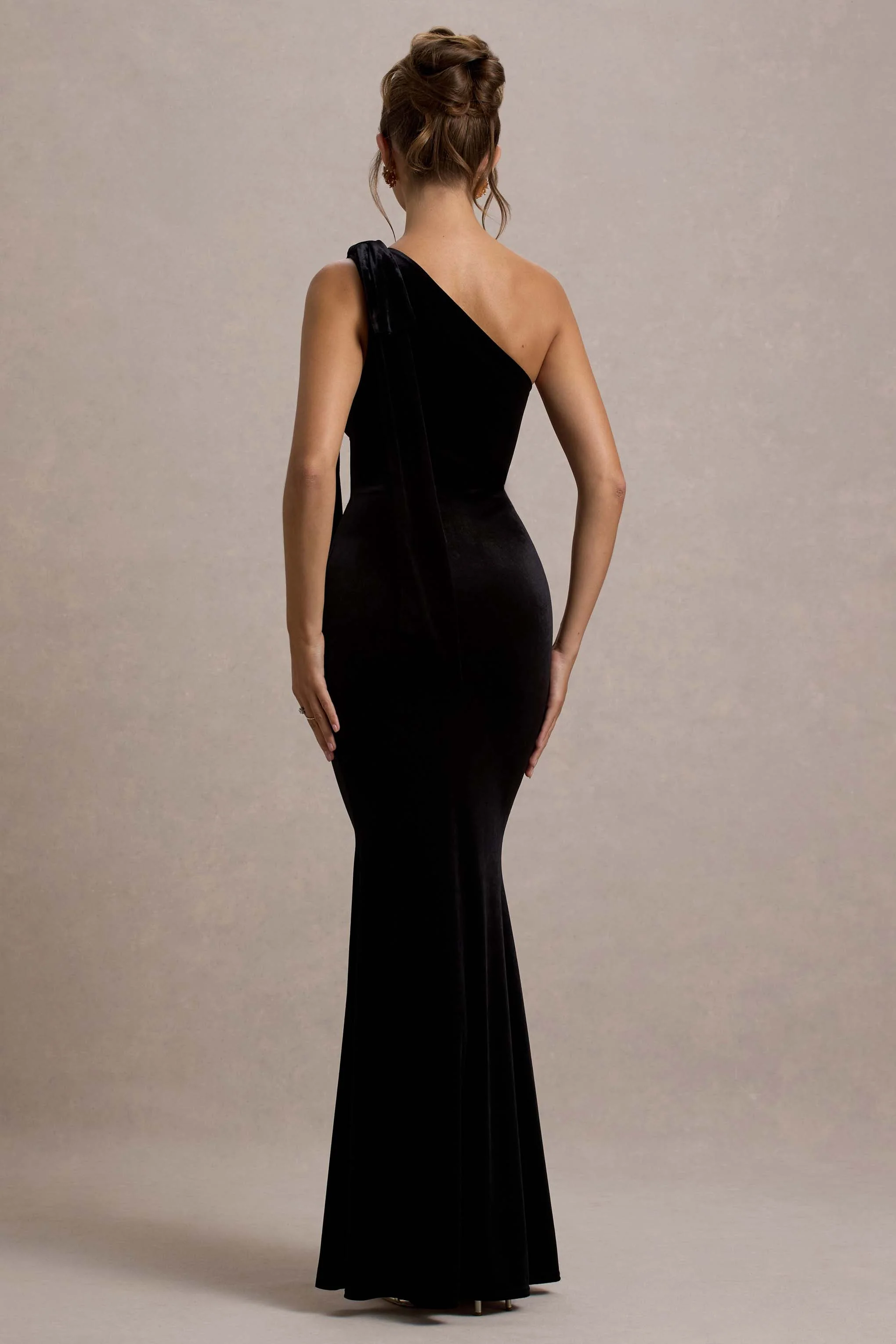 Jillian | Black Velvet Asymmetric Maxi Dress With Bow Strap - Image 2