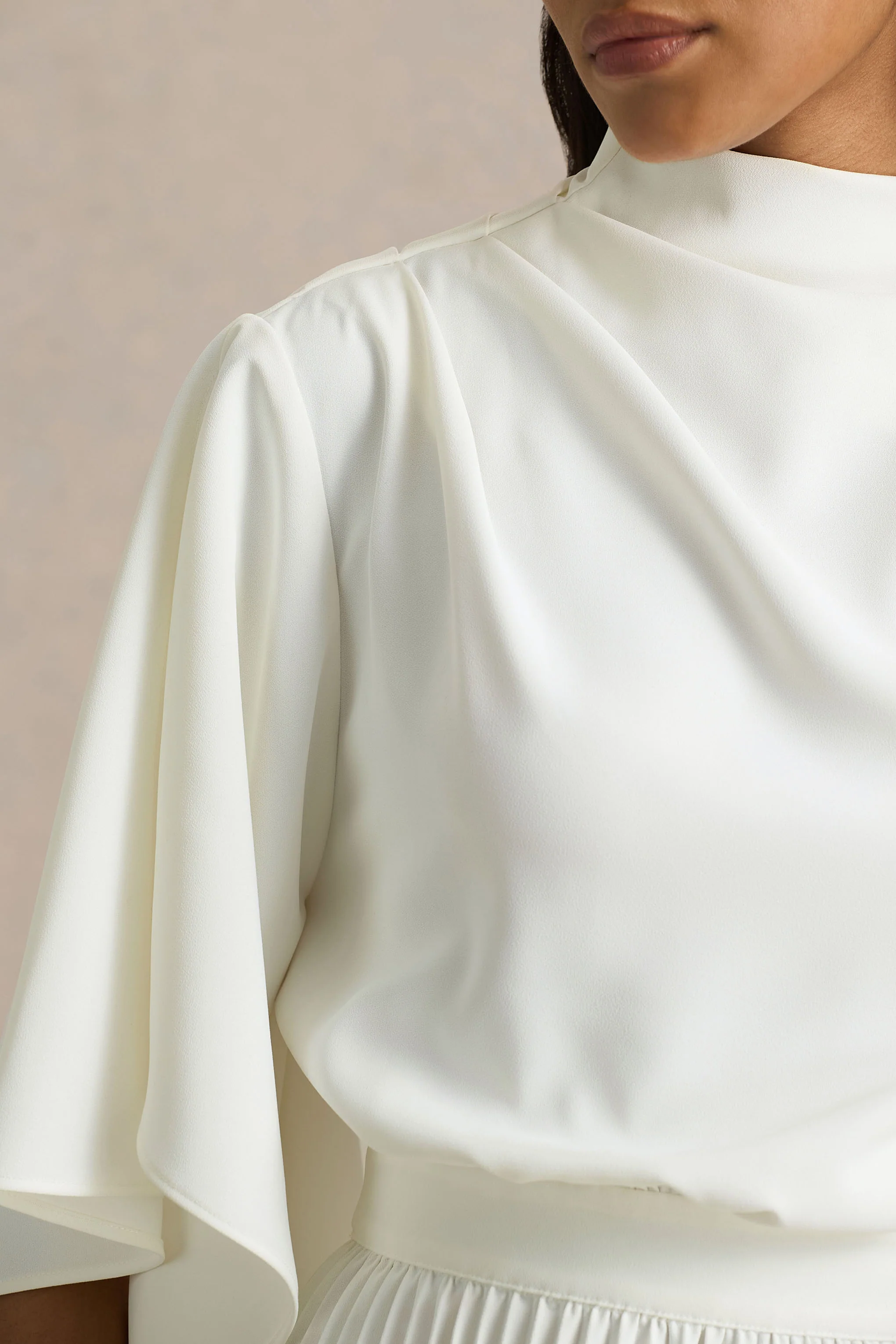 Jimena | Cream High-Neck Midi Dress With One-Long Sleeve And Pleated Detailing - Image 3