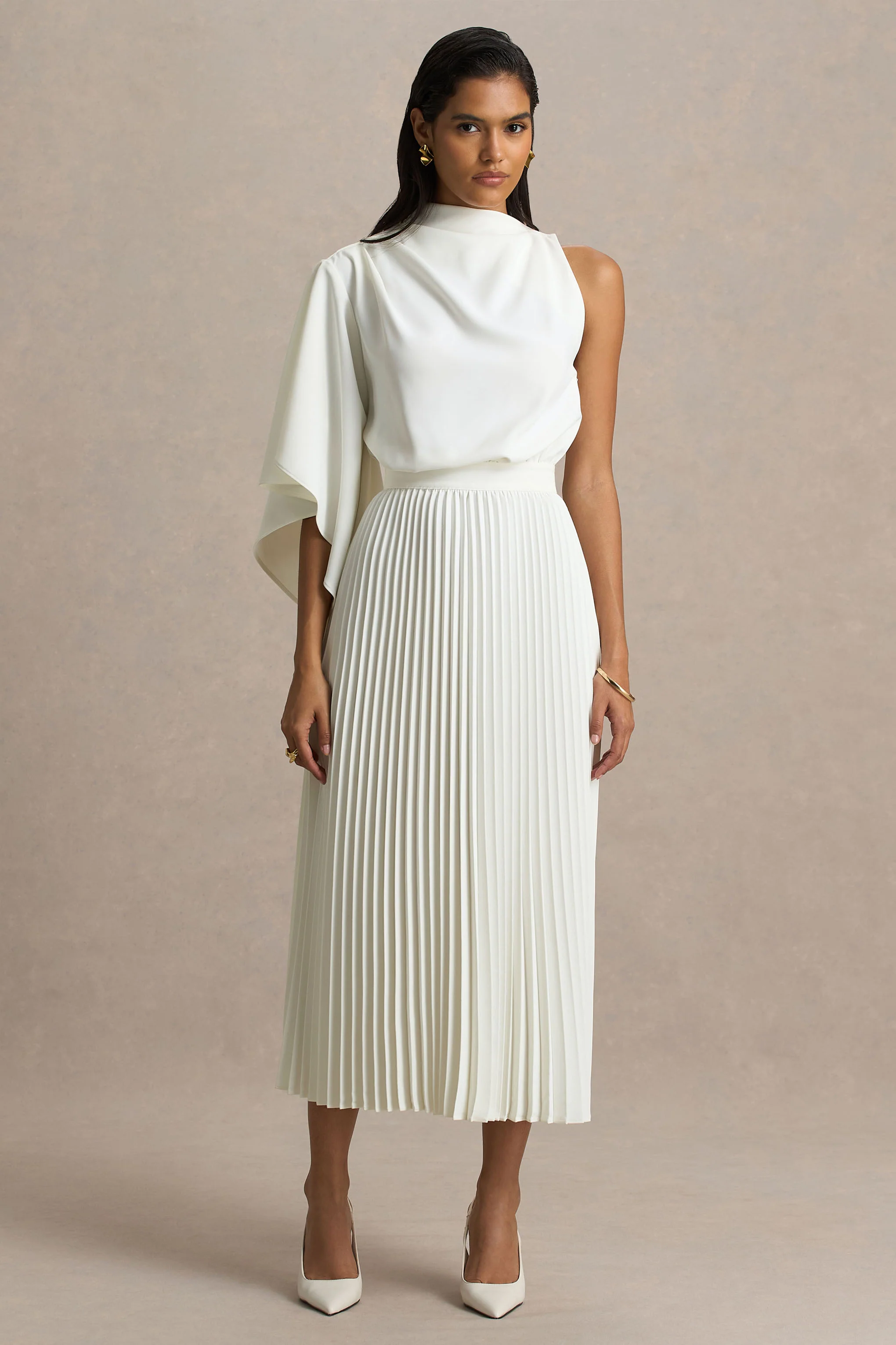 Jimena | Cream High-Neck Midi Dress With One-Long Sleeve And Pleated Detailing - Image 4