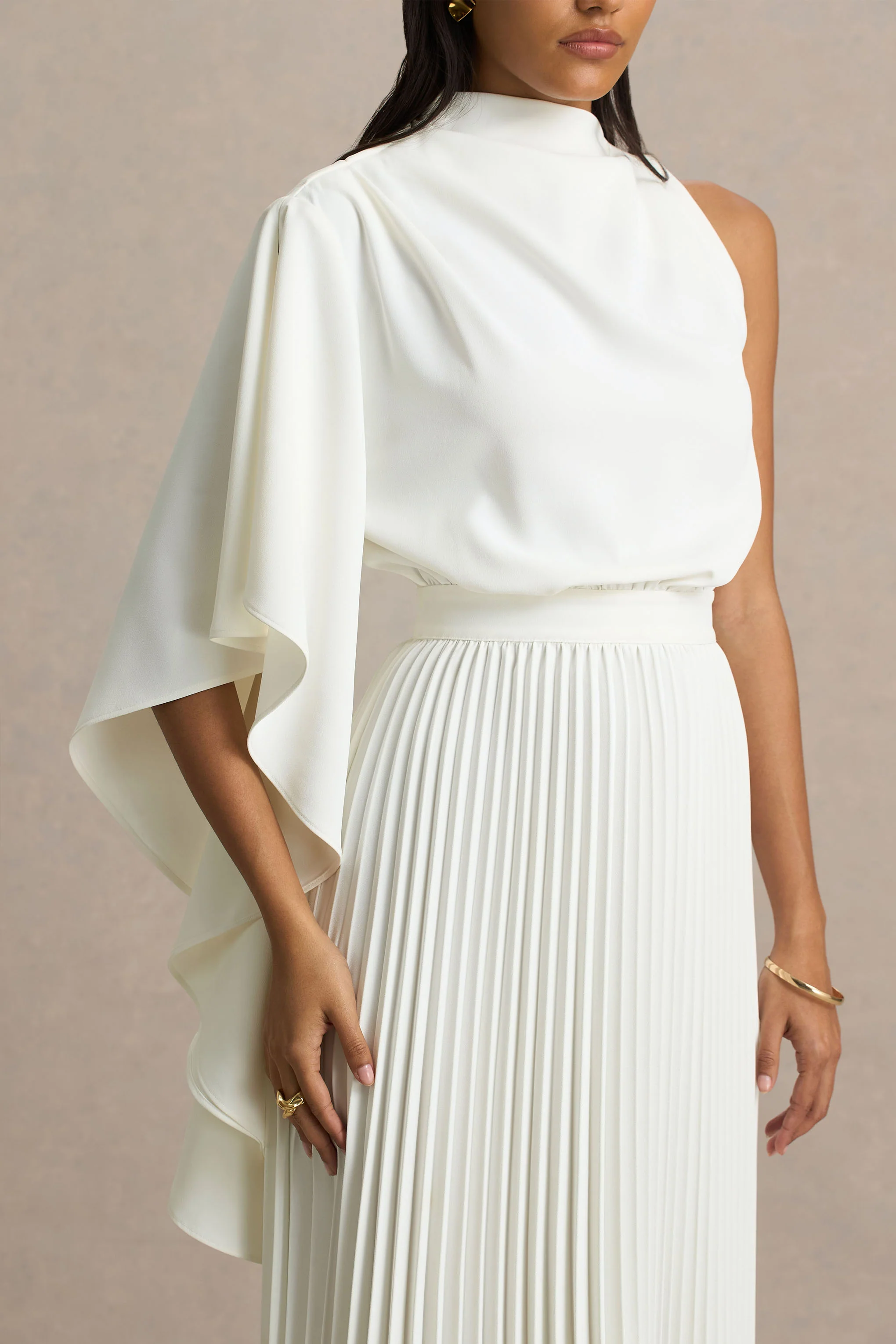 Jimena | Cream High-Neck Midi Dress With One-Long Sleeve And Pleated Detailing - Image 6