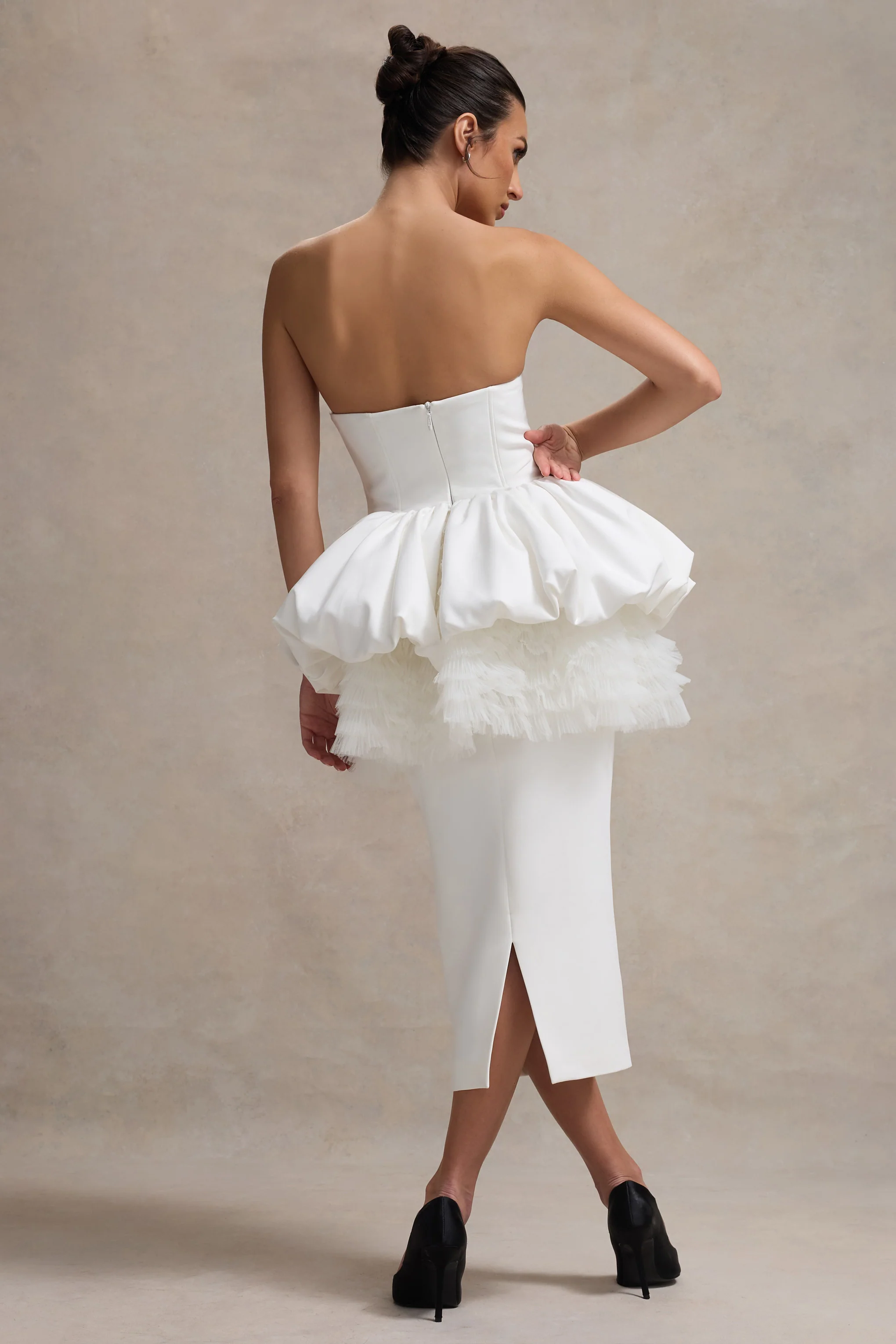 Jones | White Strapless Midi Dress With Tulle Peplum Waist - Image 2