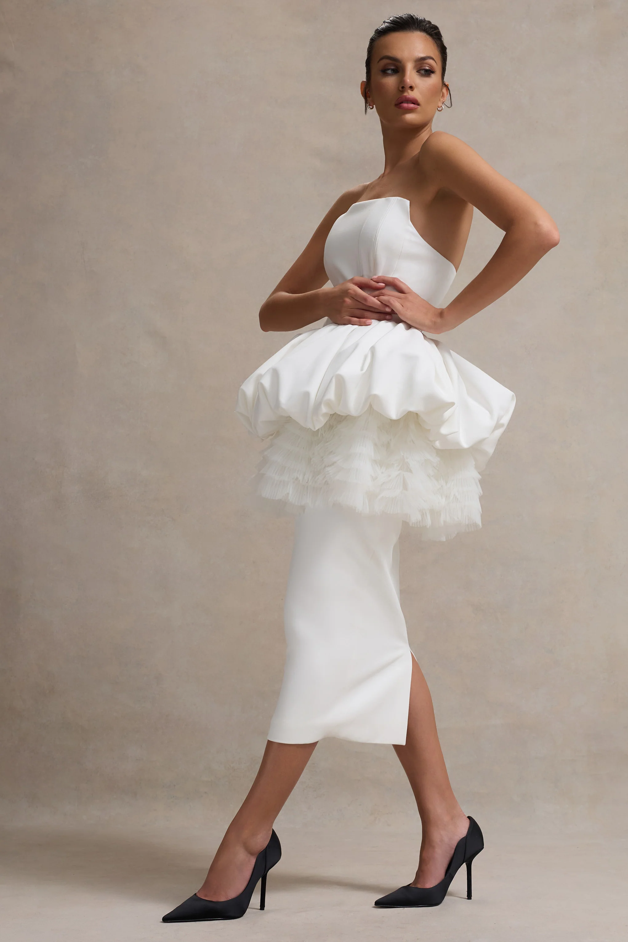 Jones | White Strapless Midi Dress With Tulle Peplum Waist - Image 5