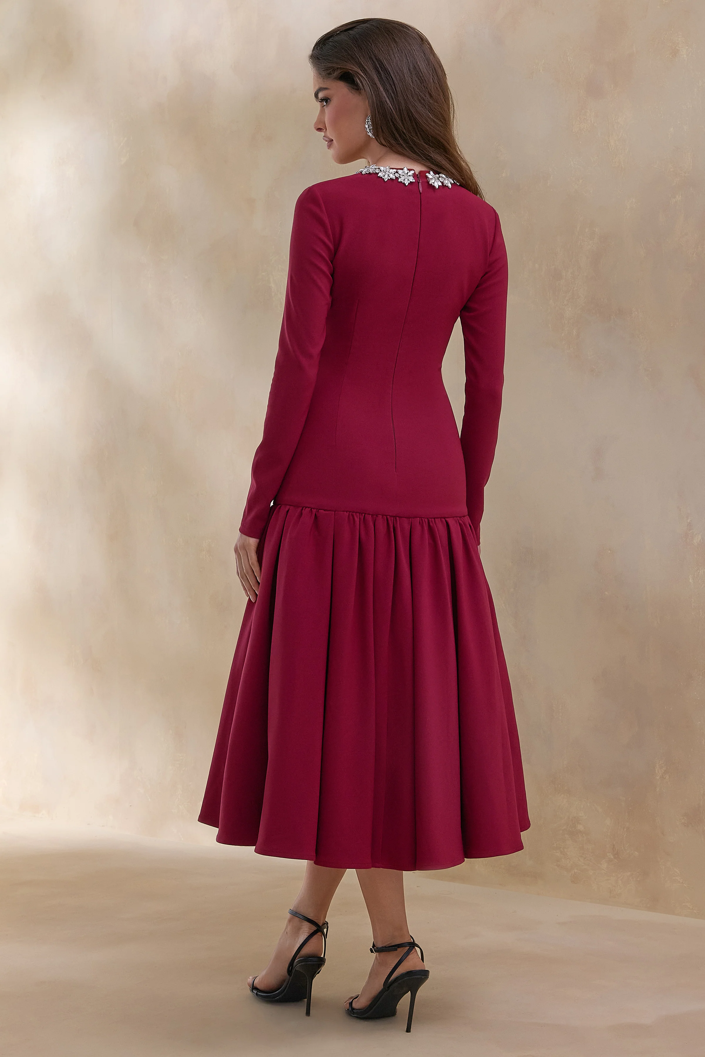 Jovana | Burgundy Hand-Embellished Crew-Neck Midi Dress With Drop Waist - Image 2