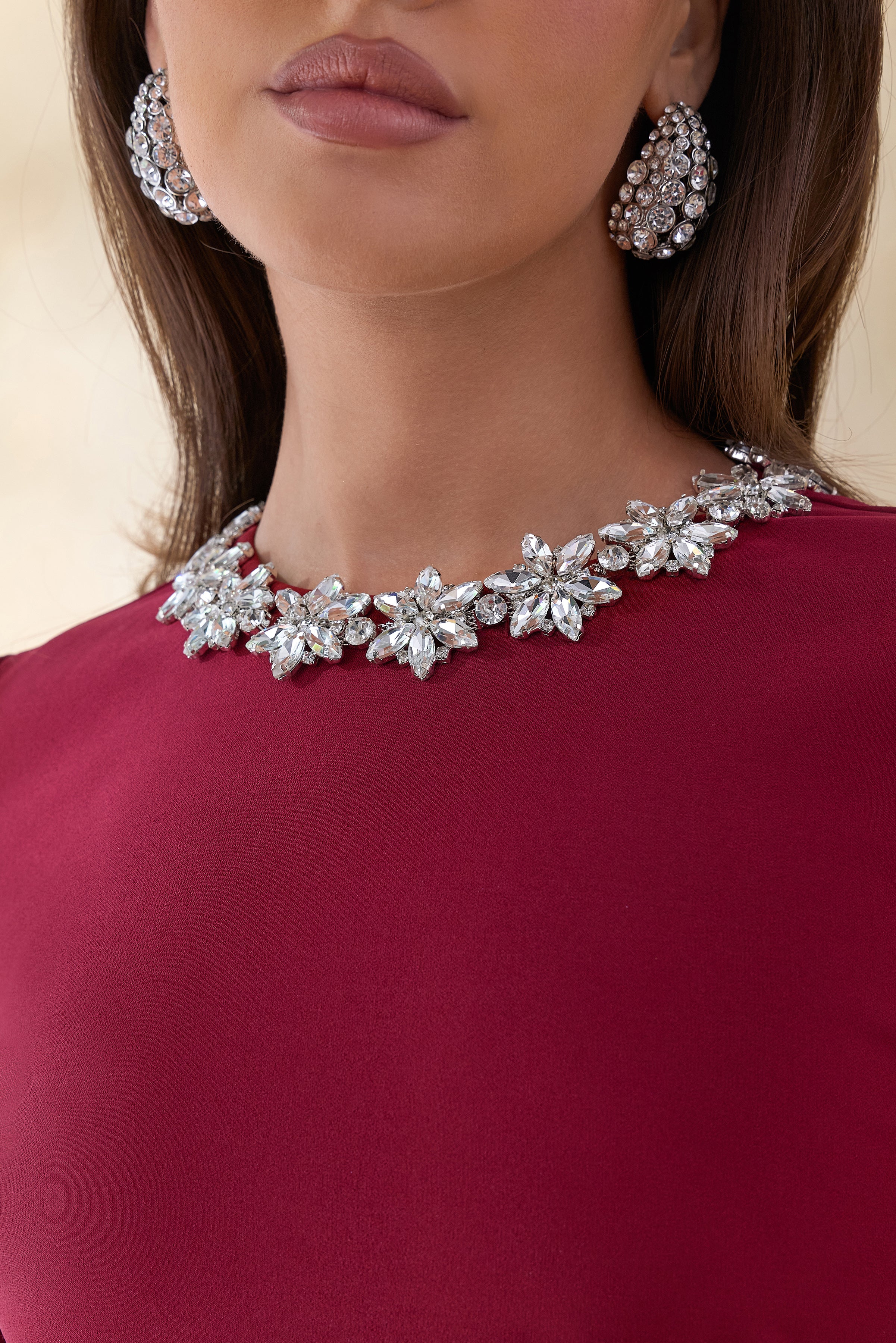 Jovana | Burgundy Hand-Embellished Crew-Neck Midi Dress With Drop Waist - Image 6