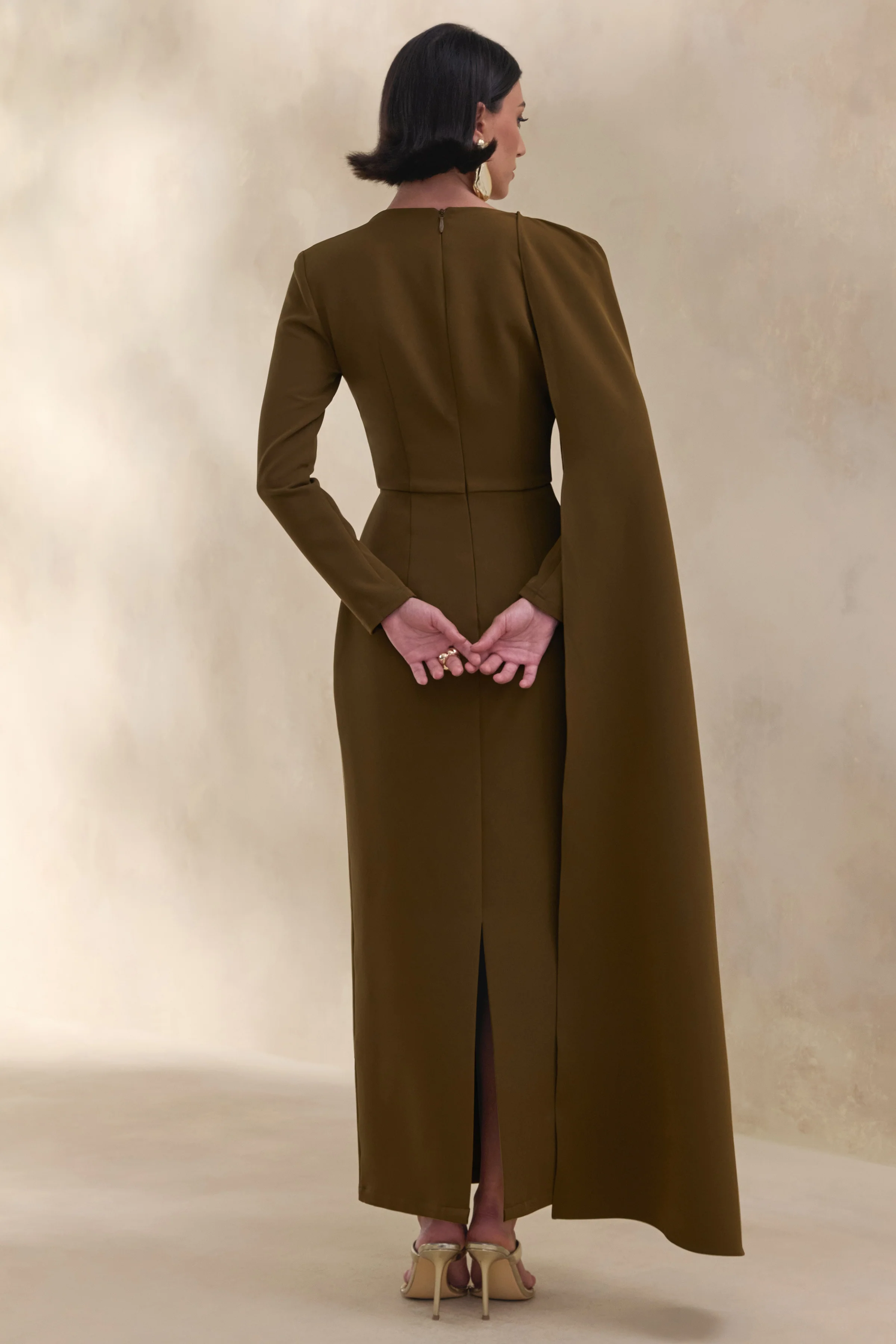 Jovea | Olive Round-Neck Maxi Dress With Cape-Sleeve - Image 2