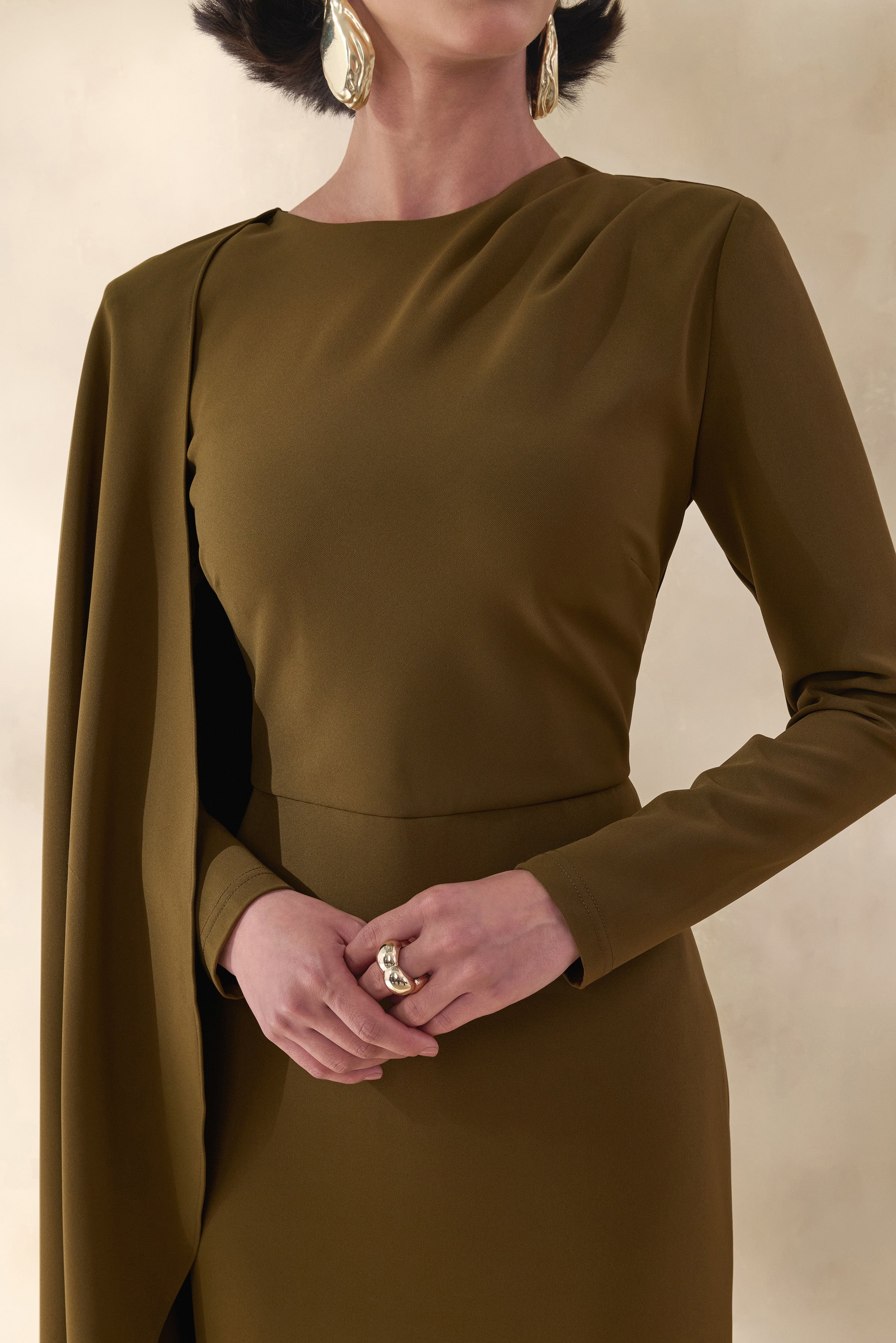 Jovea | Olive Round-Neck Maxi Dress With Cape-Sleeve - Image 3