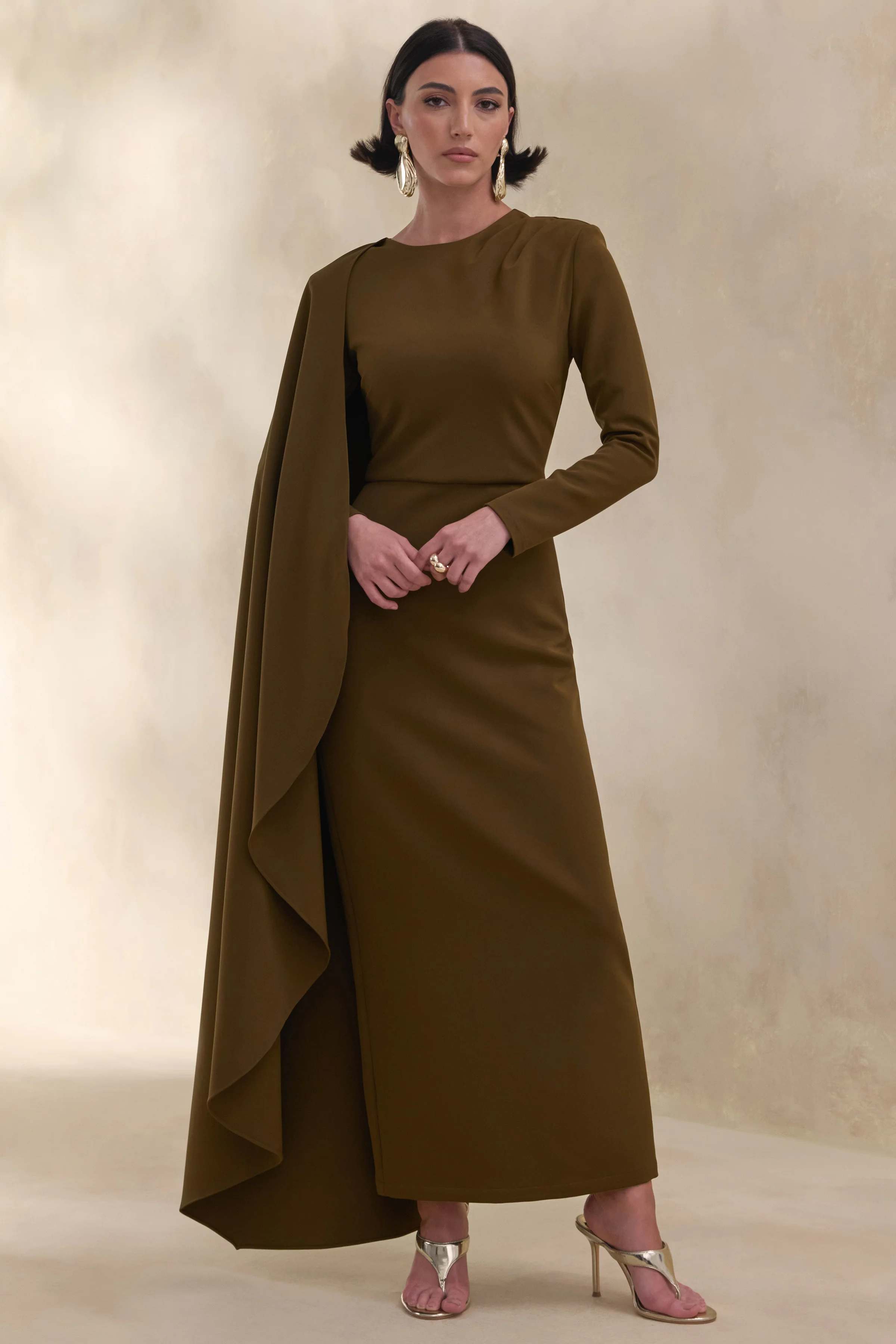 Jovea | Olive Round-Neck Maxi Dress With Cape-Sleeve - Image 4