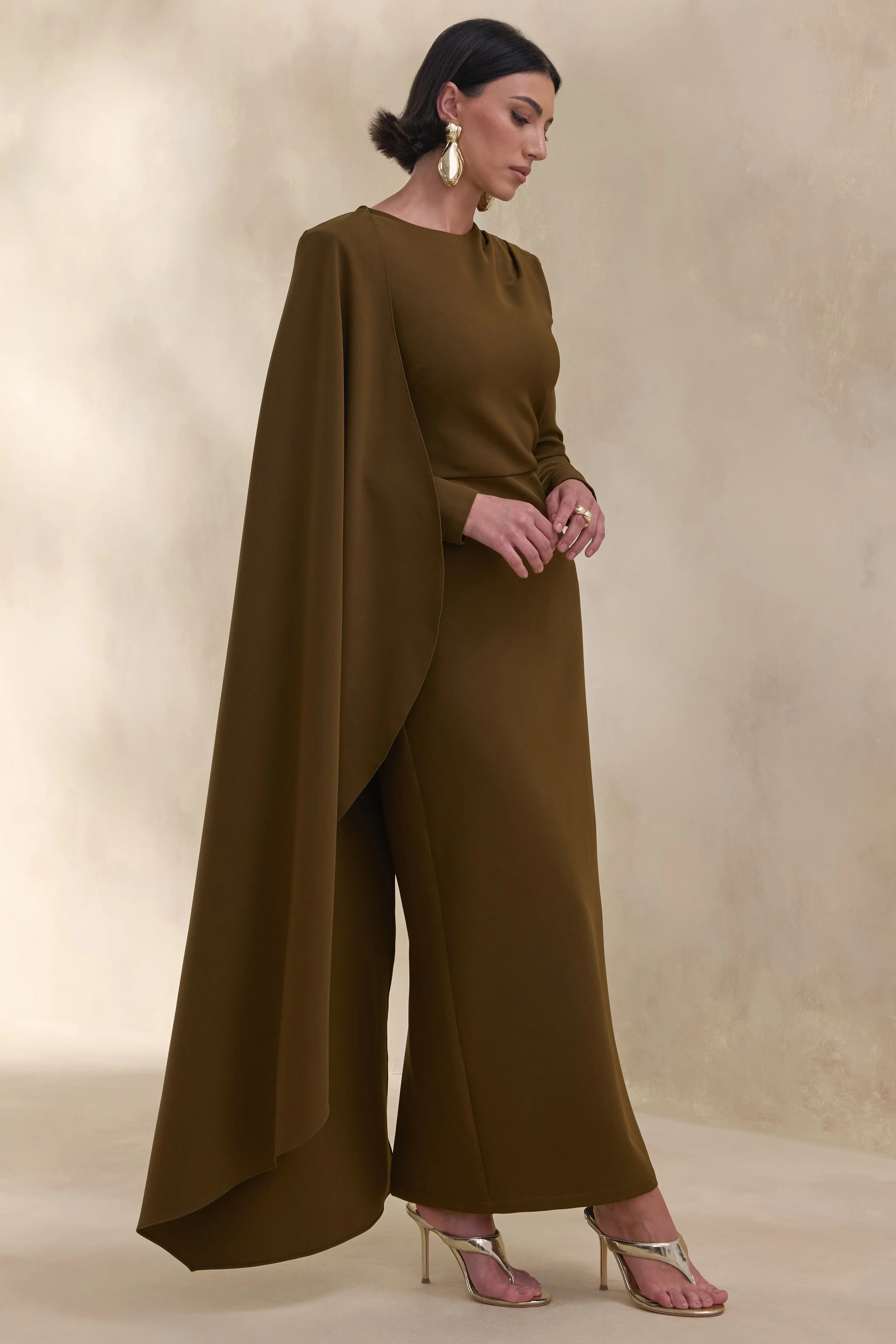 Jovea | Olive Round-Neck Maxi Dress With Cape-Sleeve - Image 5