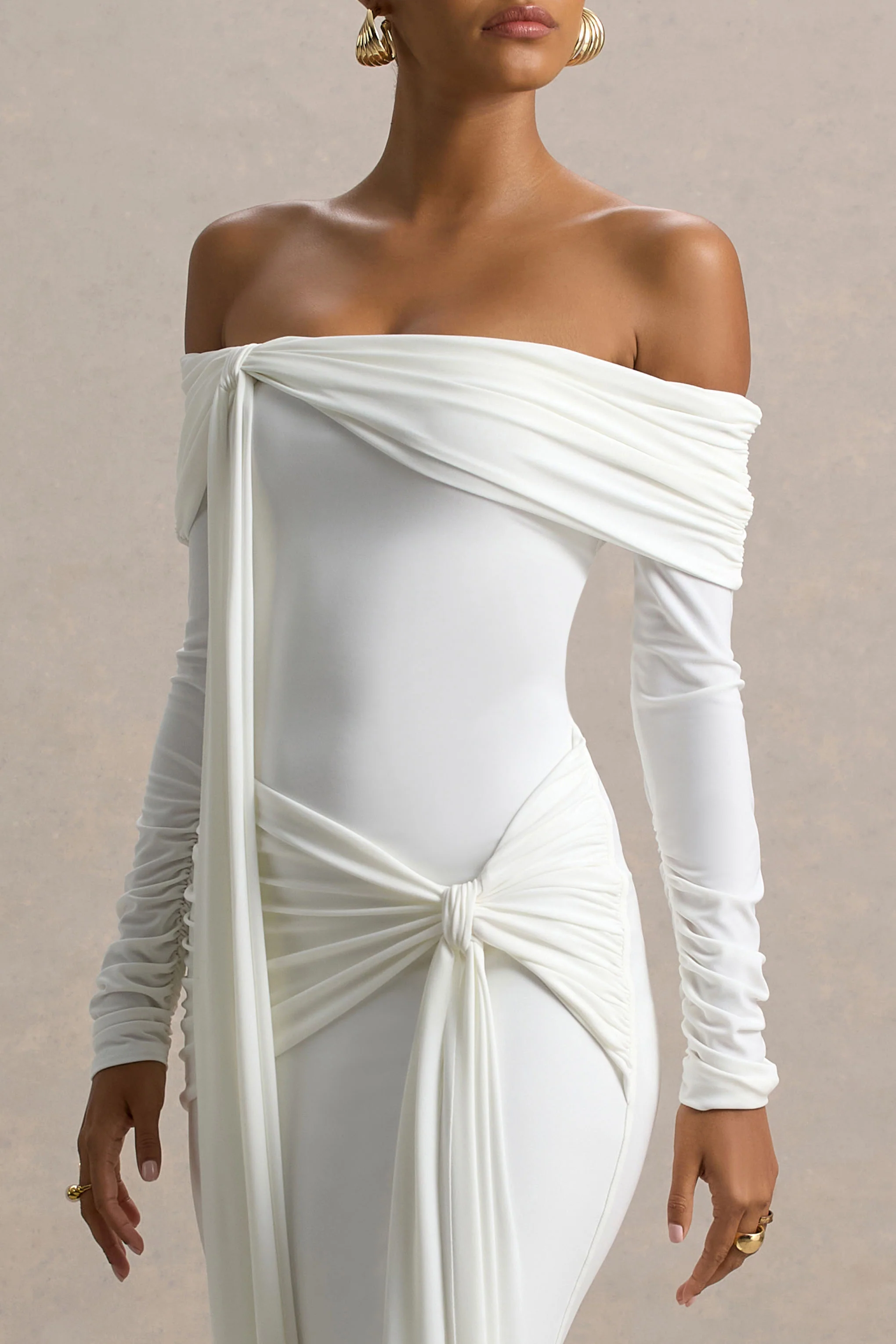 Jovie | White Bardot Wrap Maxi Dress With Sash Detail - Image 3