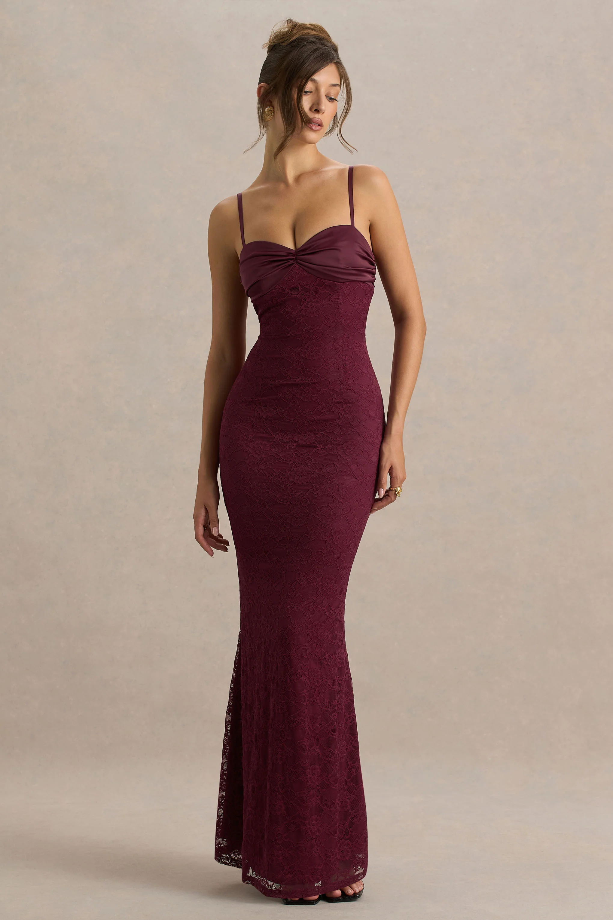 Juana | Burgundy Lace And Satin Sweetheart-Neck Satin Maxi Dress - Image 5