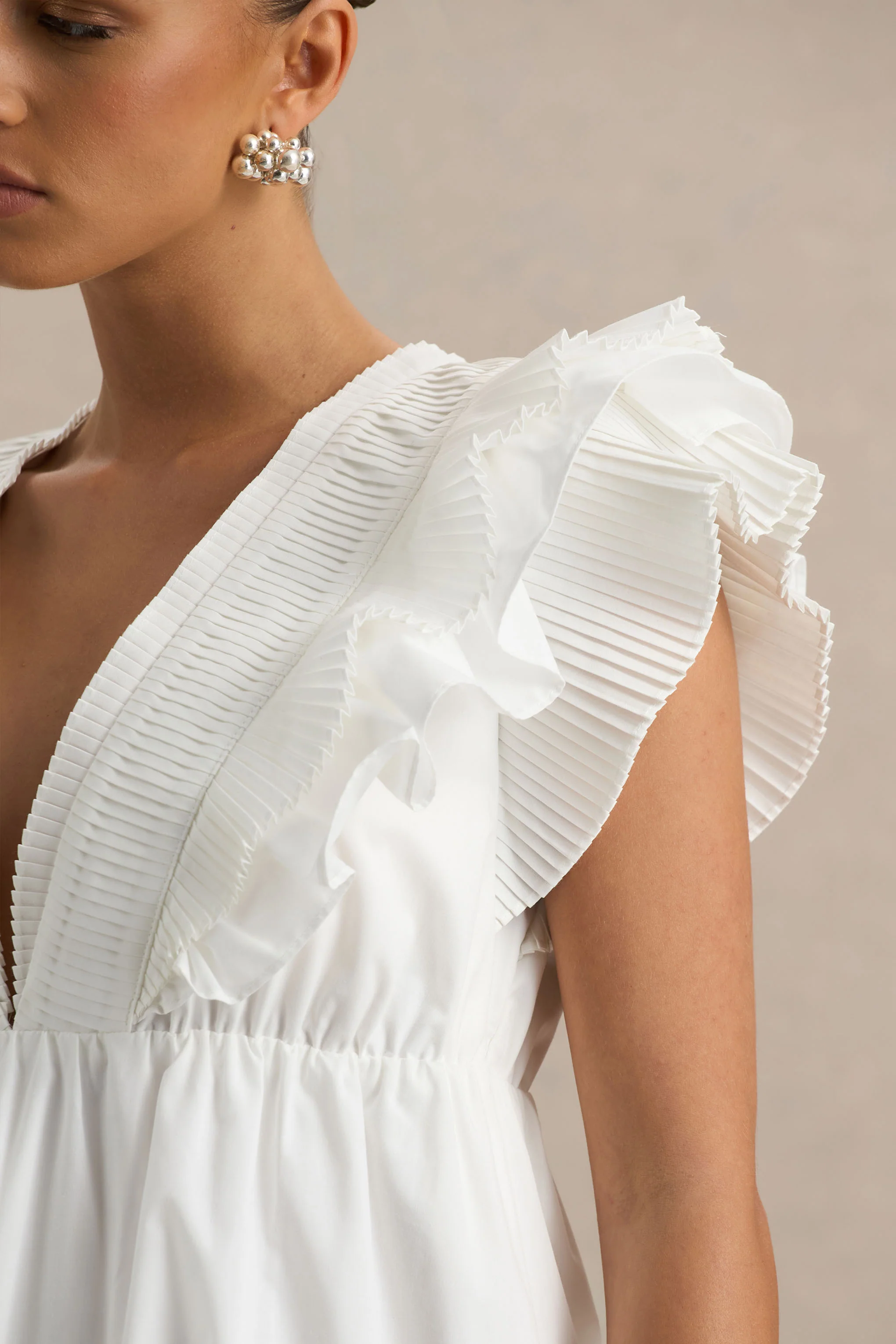 Judie | White Poplin V-Neck Ruffled Mini Dress - Image 6