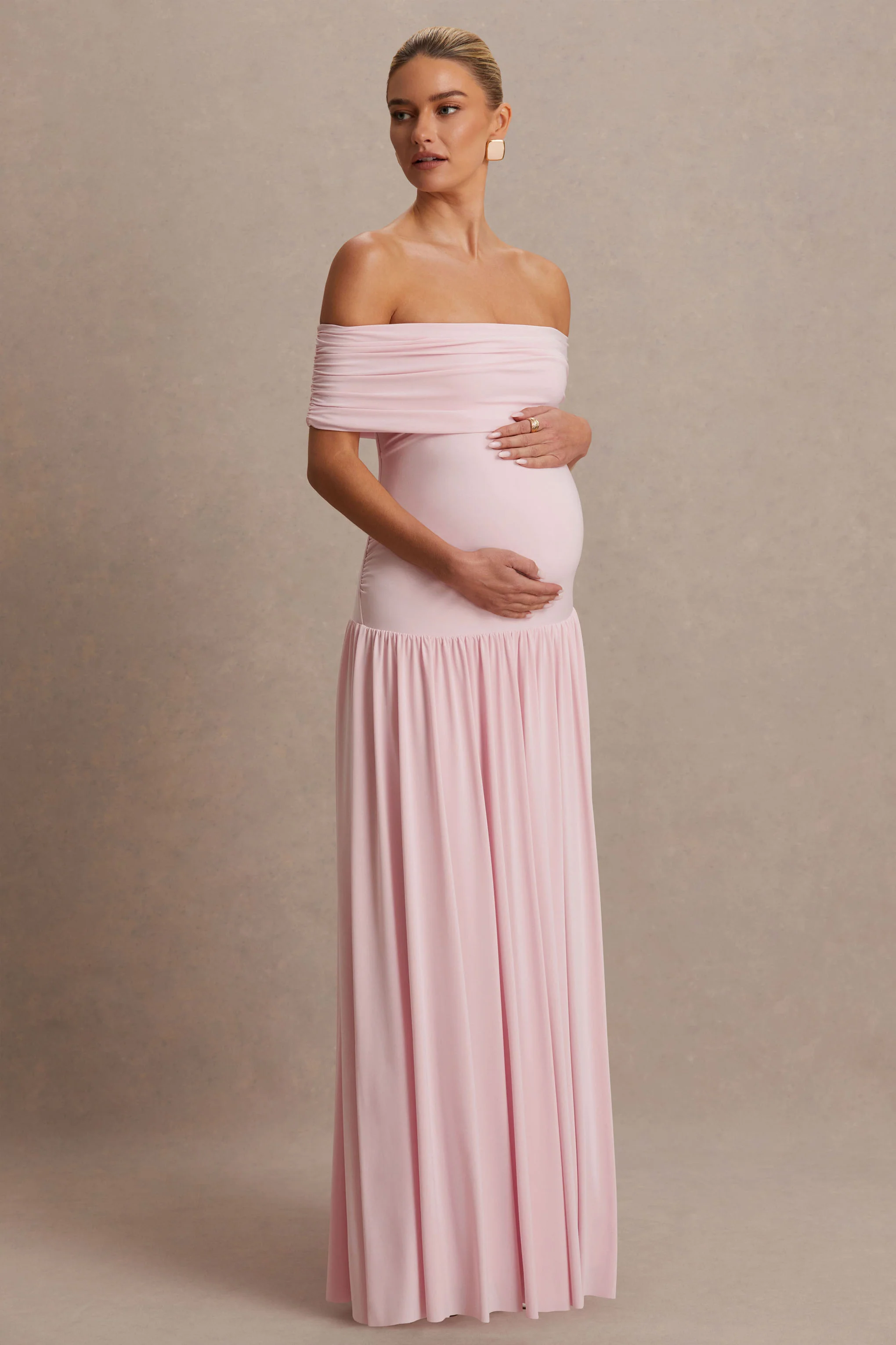 Juliette | Blush Pink Bardot-Neck Maternity Maxi Dress With Drop-Waist - Image 4