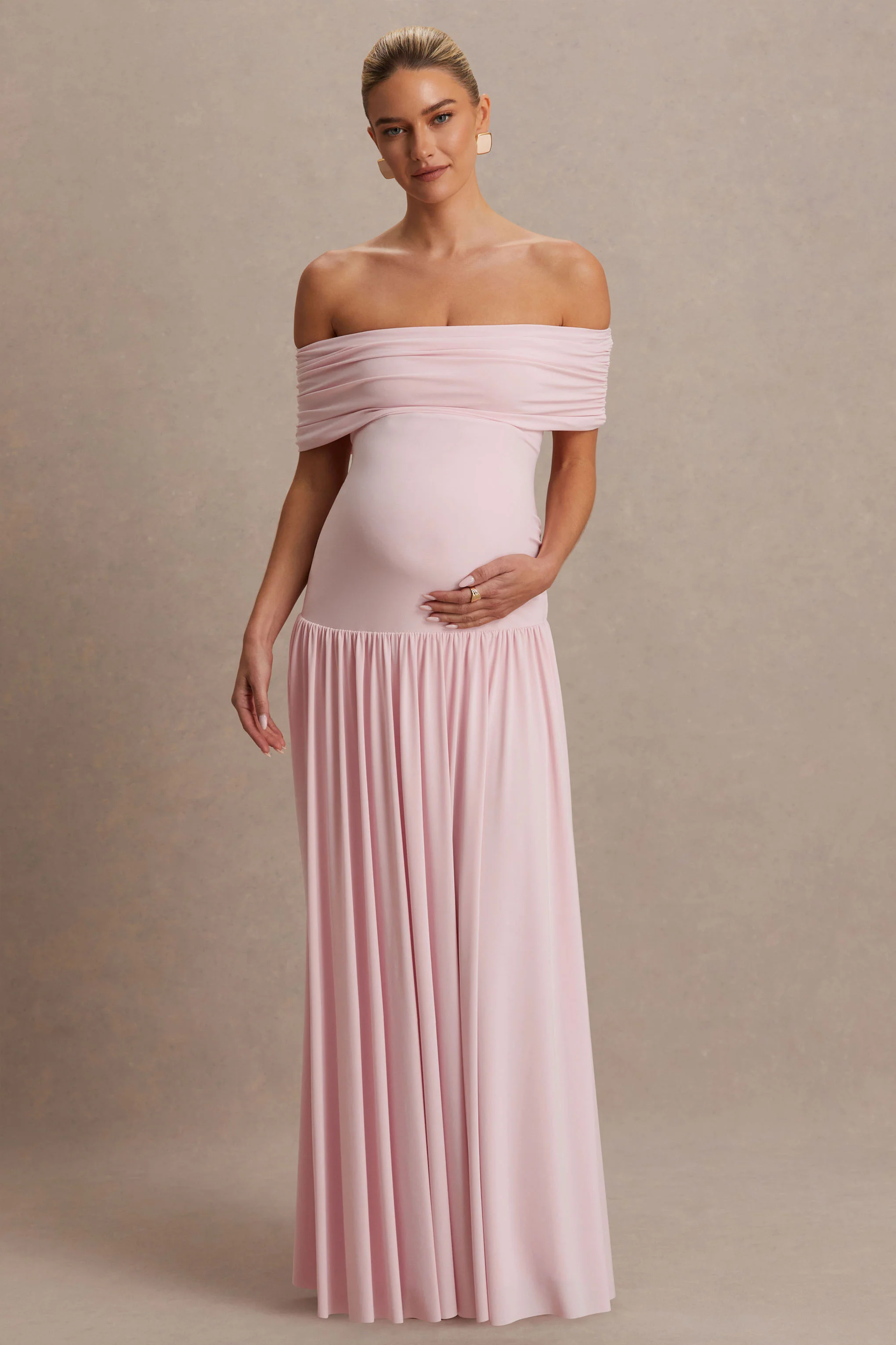 Juliette | Blush Pink Bardot-Neck Maternity Maxi Dress With Drop-Waist - Image 5