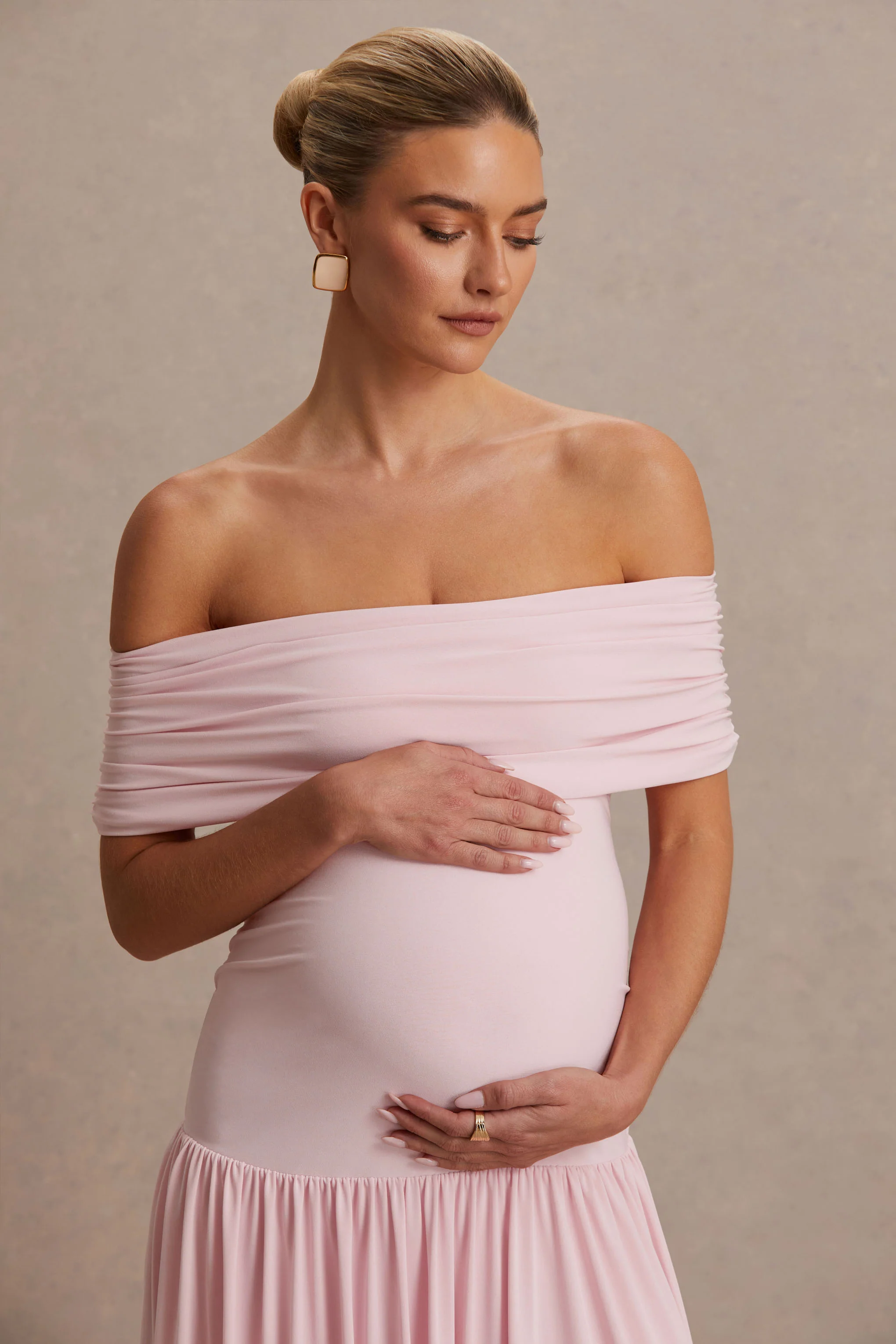 Juliette | Blush Pink Bardot-Neck Maternity Maxi Dress With Drop-Waist - Image 6