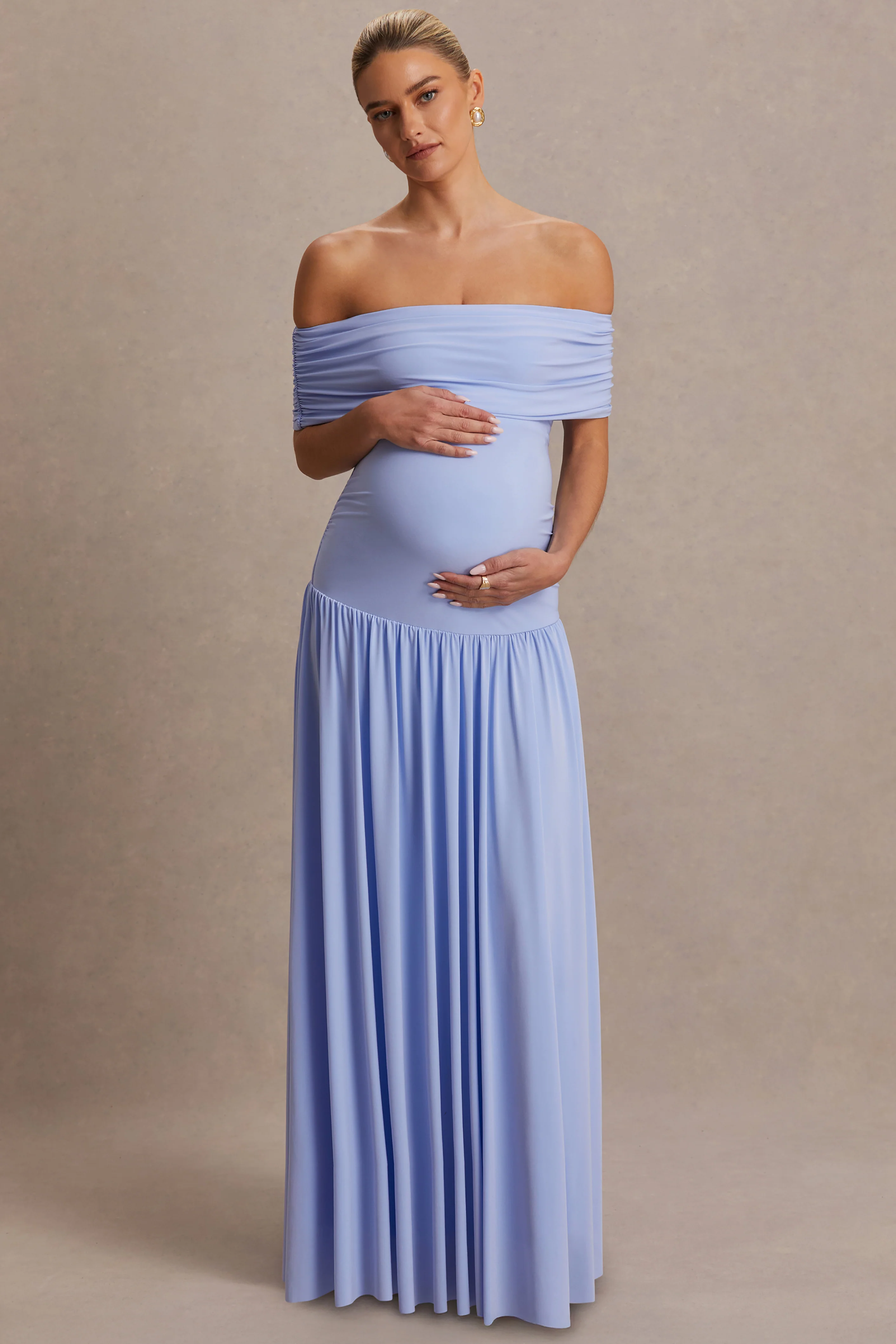 Juliette | Powder Blue Bardot-Neck Maternity Maxi Dress With Drop-Waist - Image 4