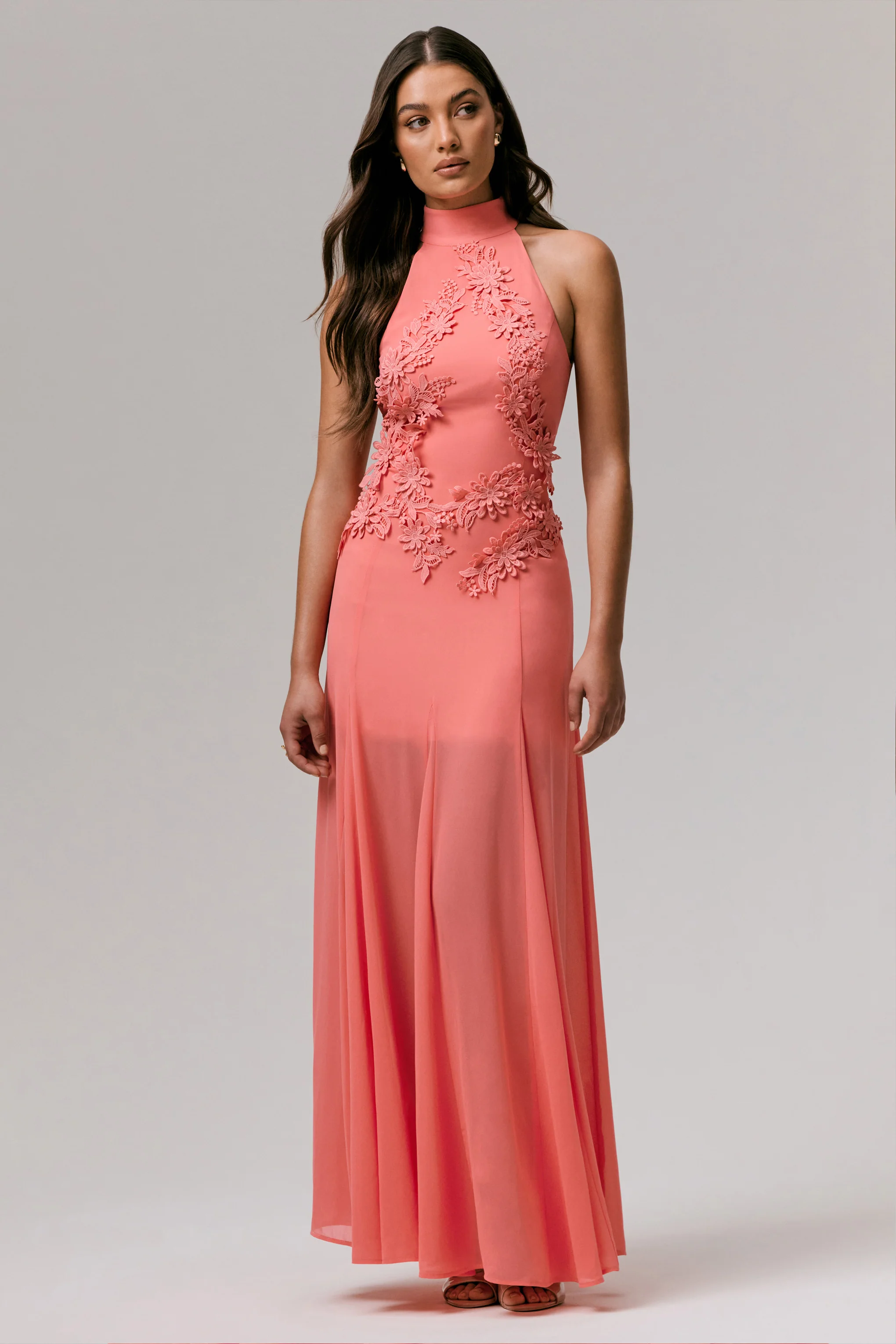 Just Like Magic | Coral High-Neck Maxi Dress With Lace Detailing - Image 3