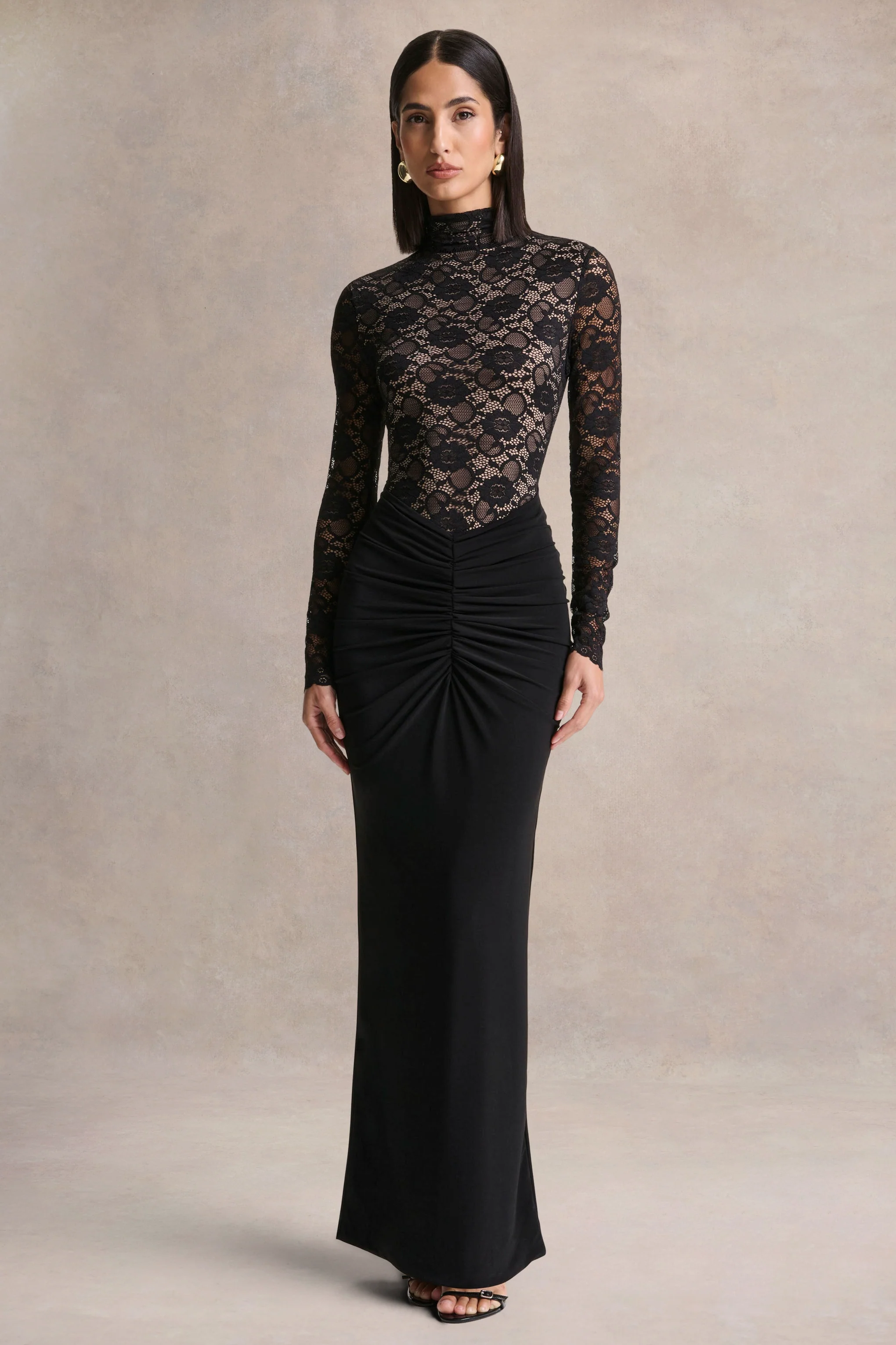 Justina | Black High-Neck Maxi Dress With Gathered-Detailing - Image 4