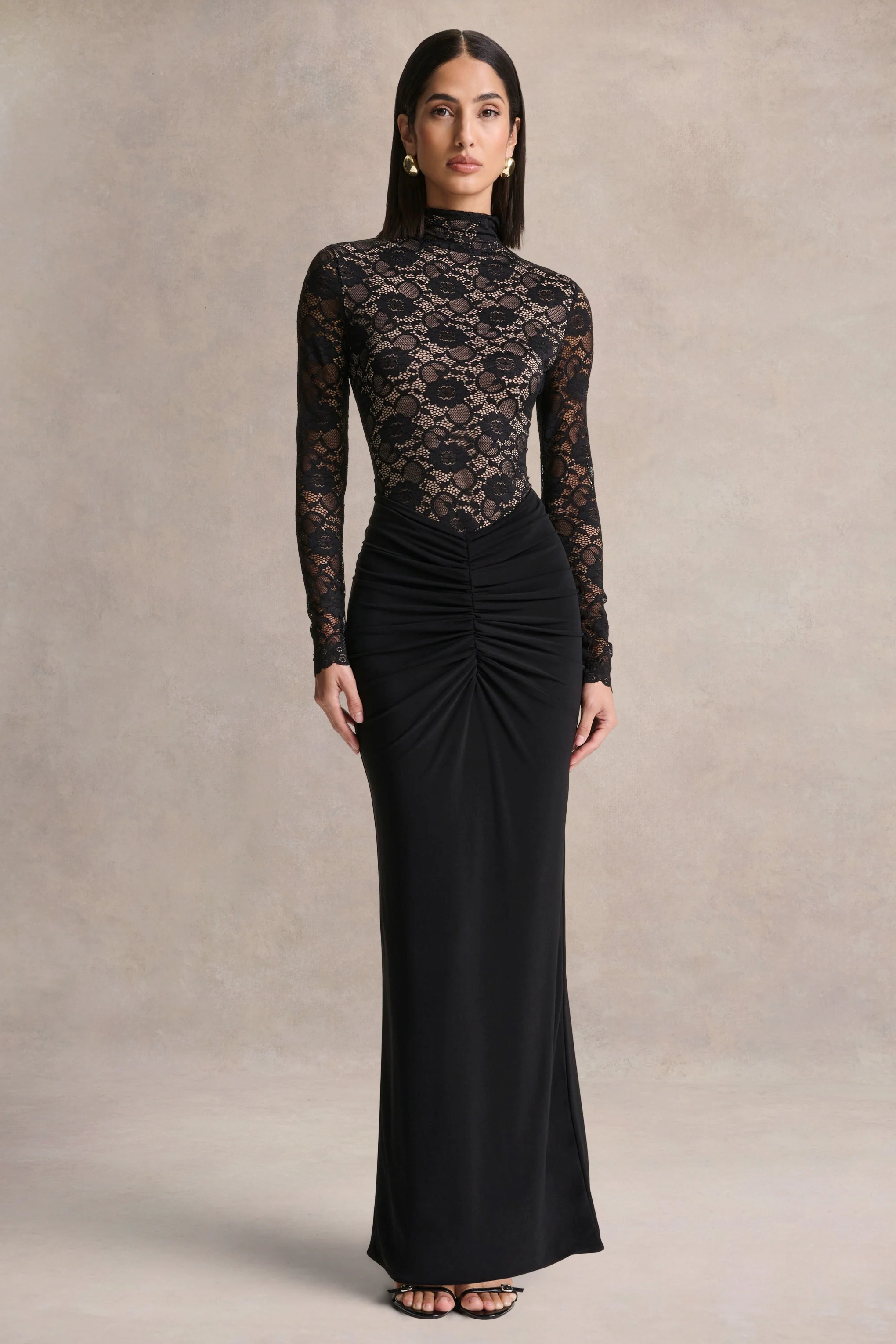 Justina | Black High-Neck Maxi Dress With Gathered-Detailing - Image 5