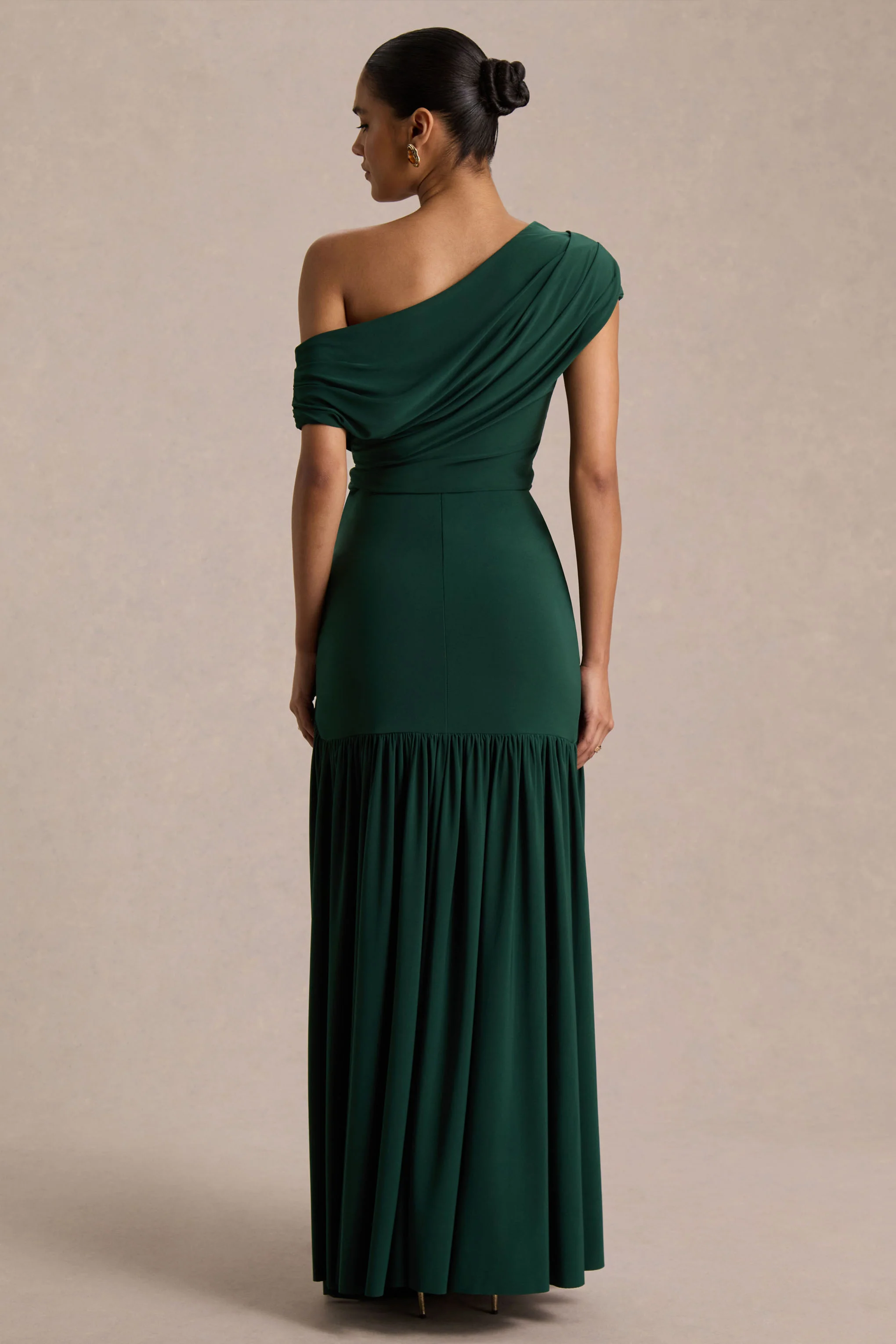 Kady | Dark Green Asymmetric-Neck Maxi Dress With Ruched Detailing - Image 2