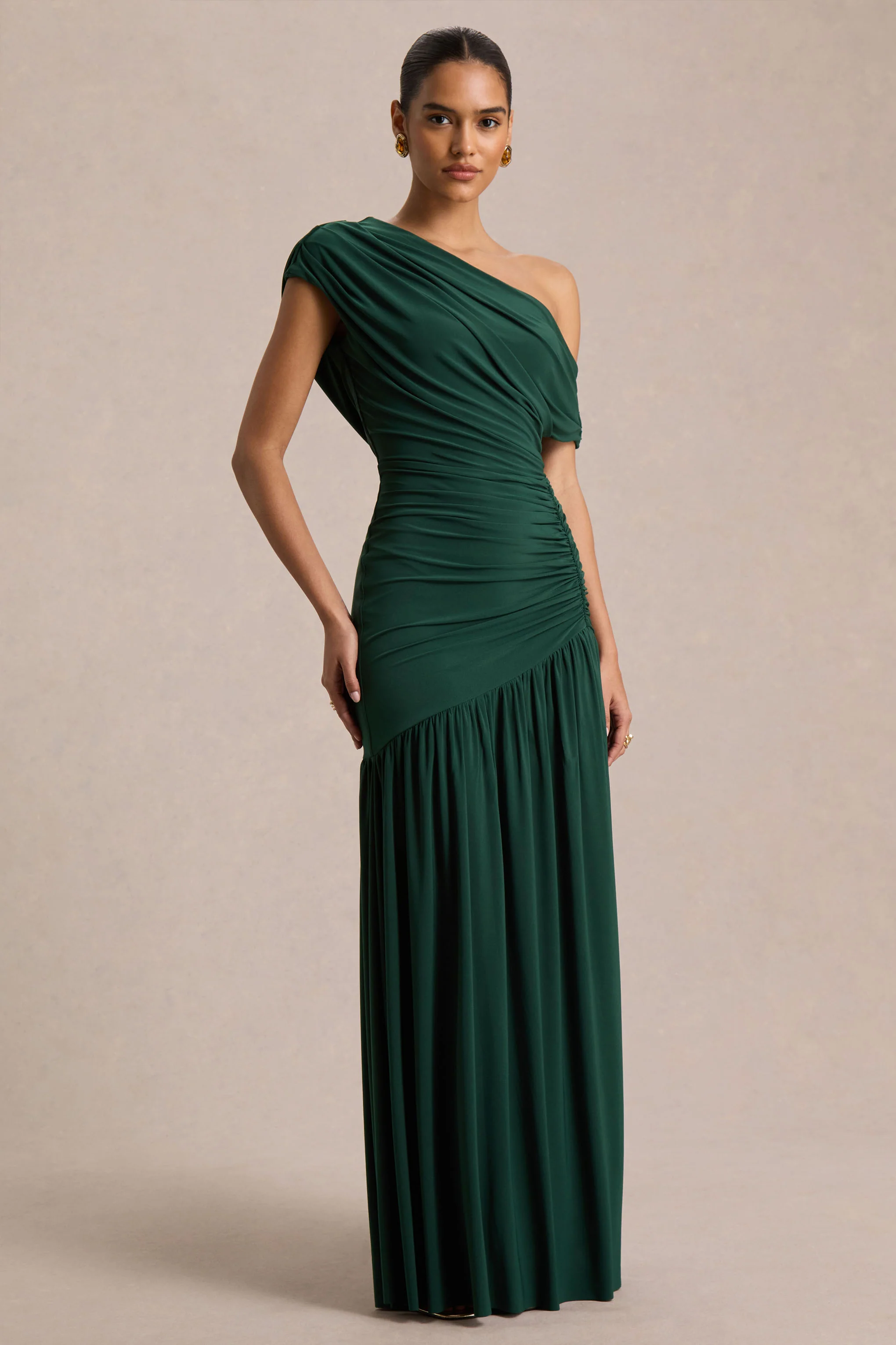 Kady | Dark Green Asymmetric-Neck Maxi Dress With Ruched Detailing - Image 3