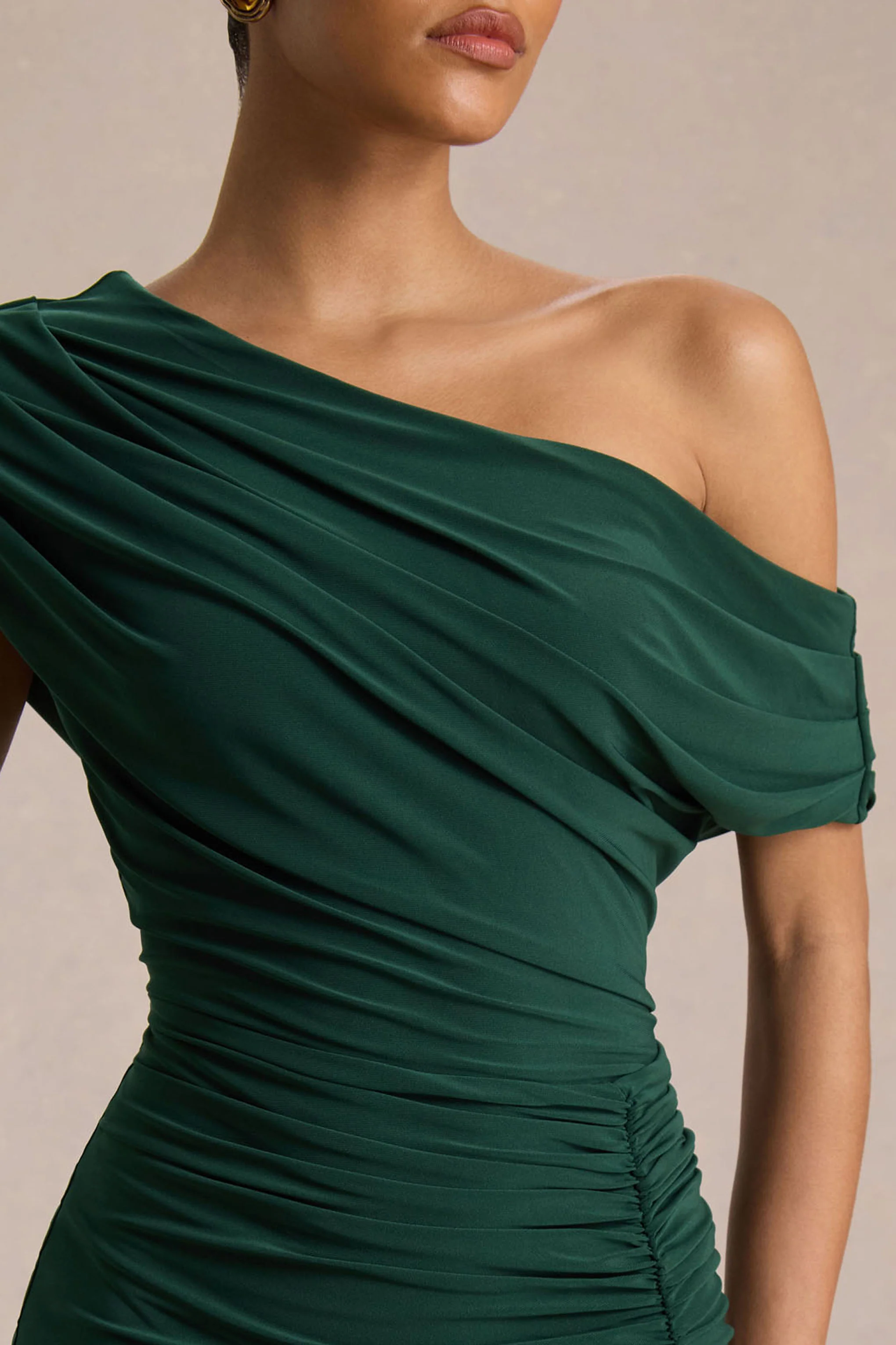 Kady | Dark Green Asymmetric-Neck Maxi Dress With Ruched Detailing - Image 4
