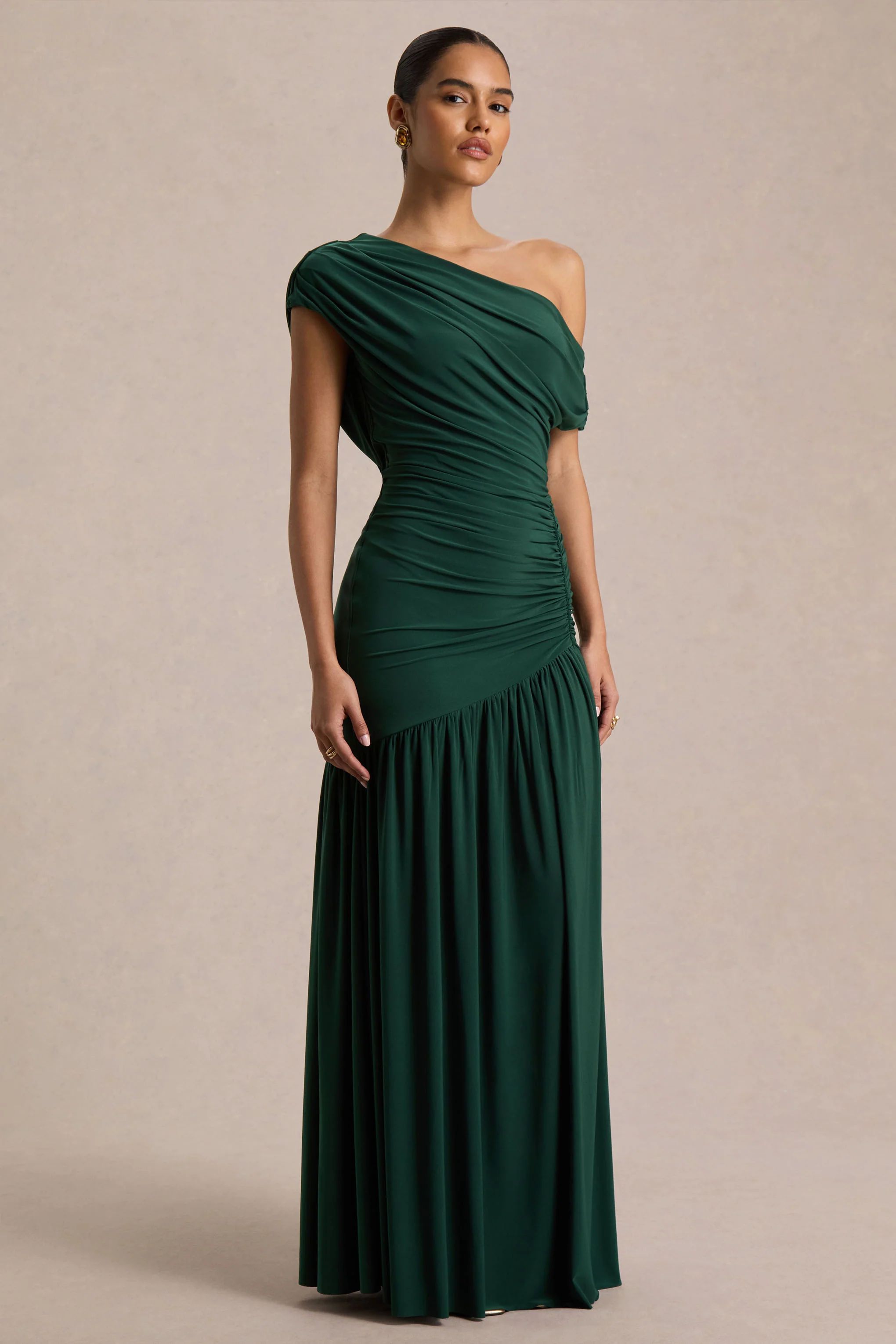 Kady | Dark Green Asymmetric-Neck Maxi Dress With Ruched Detailing - Image 5