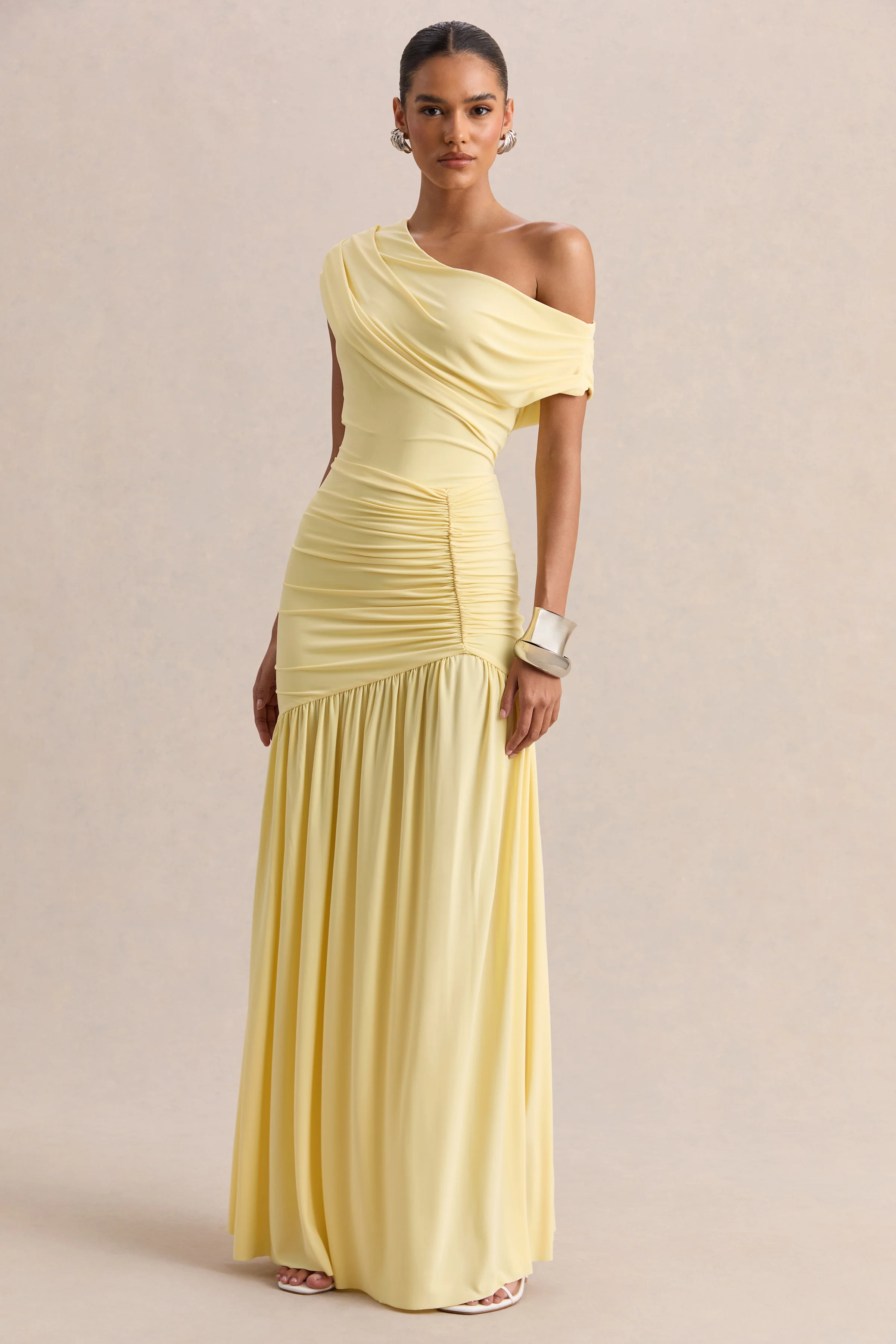 Kady | Lemon Asymmetric-Neck Maxi Dress With Ruched Detailing - Image 4