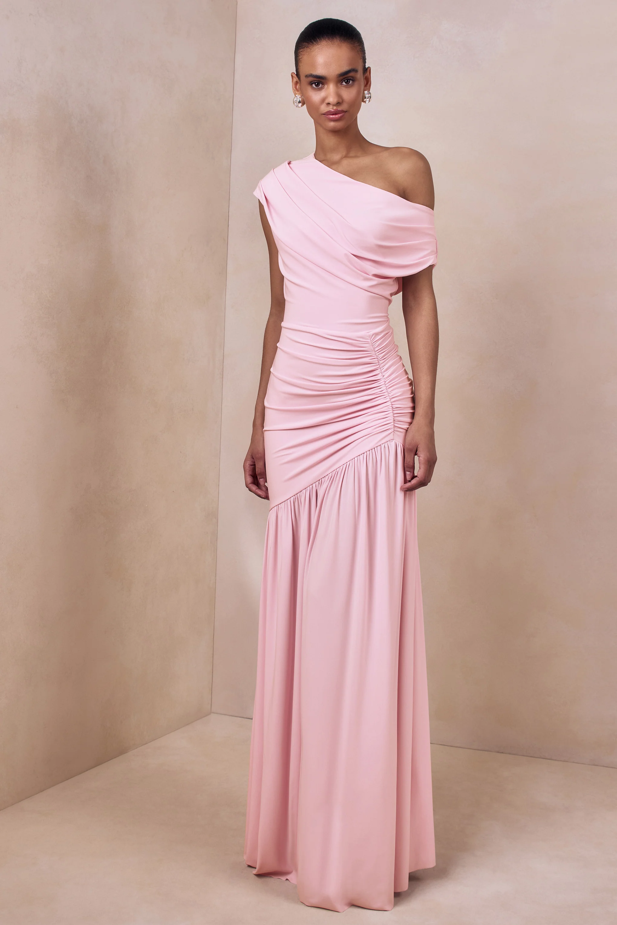 Kady | Pink Asymmetric-Neck Maxi Dress With Ruched Detailing - Image 4