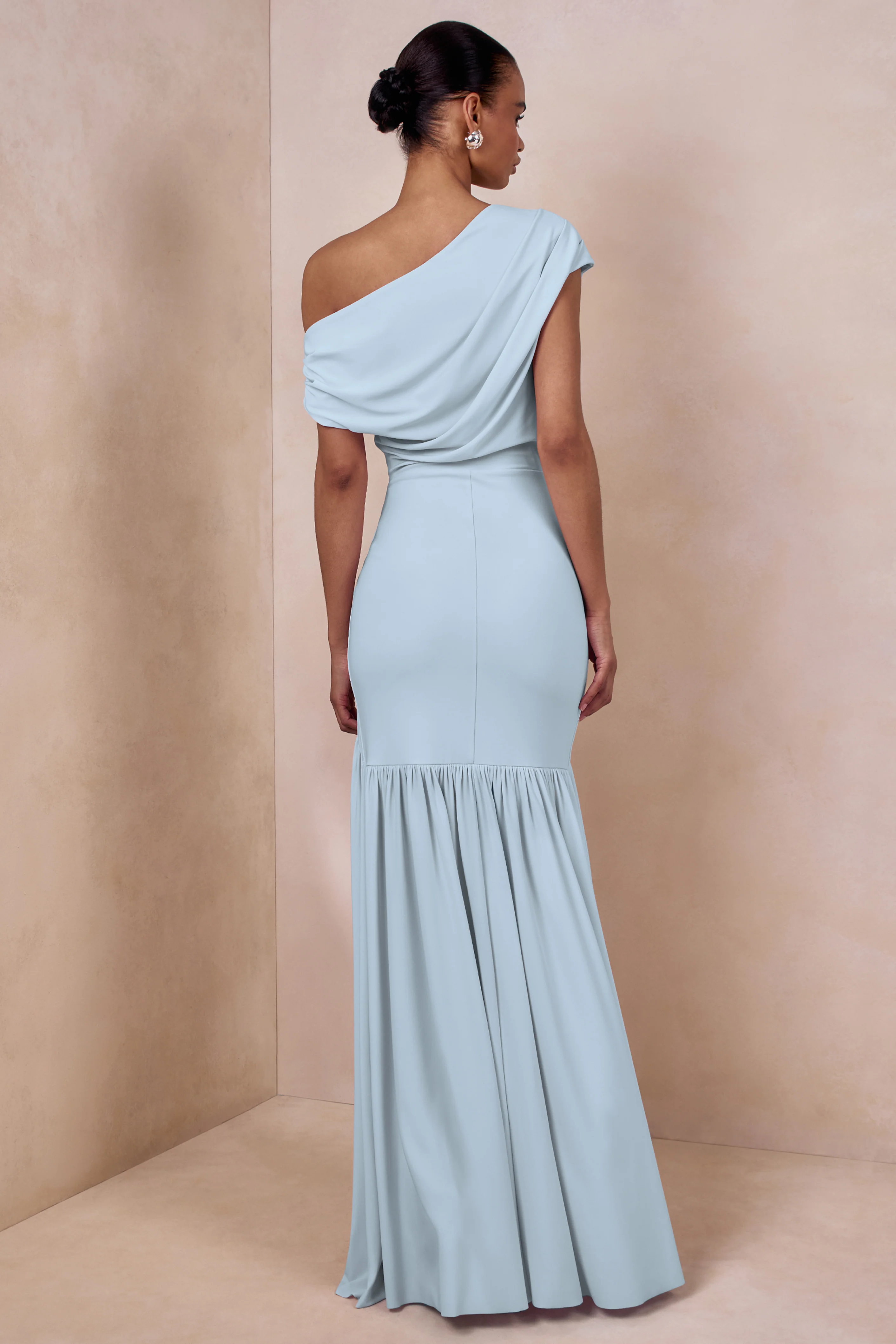 Kady | Powder Blue Asymmetric-Neck Maxi Dress With Ruched Detailing - Image 2