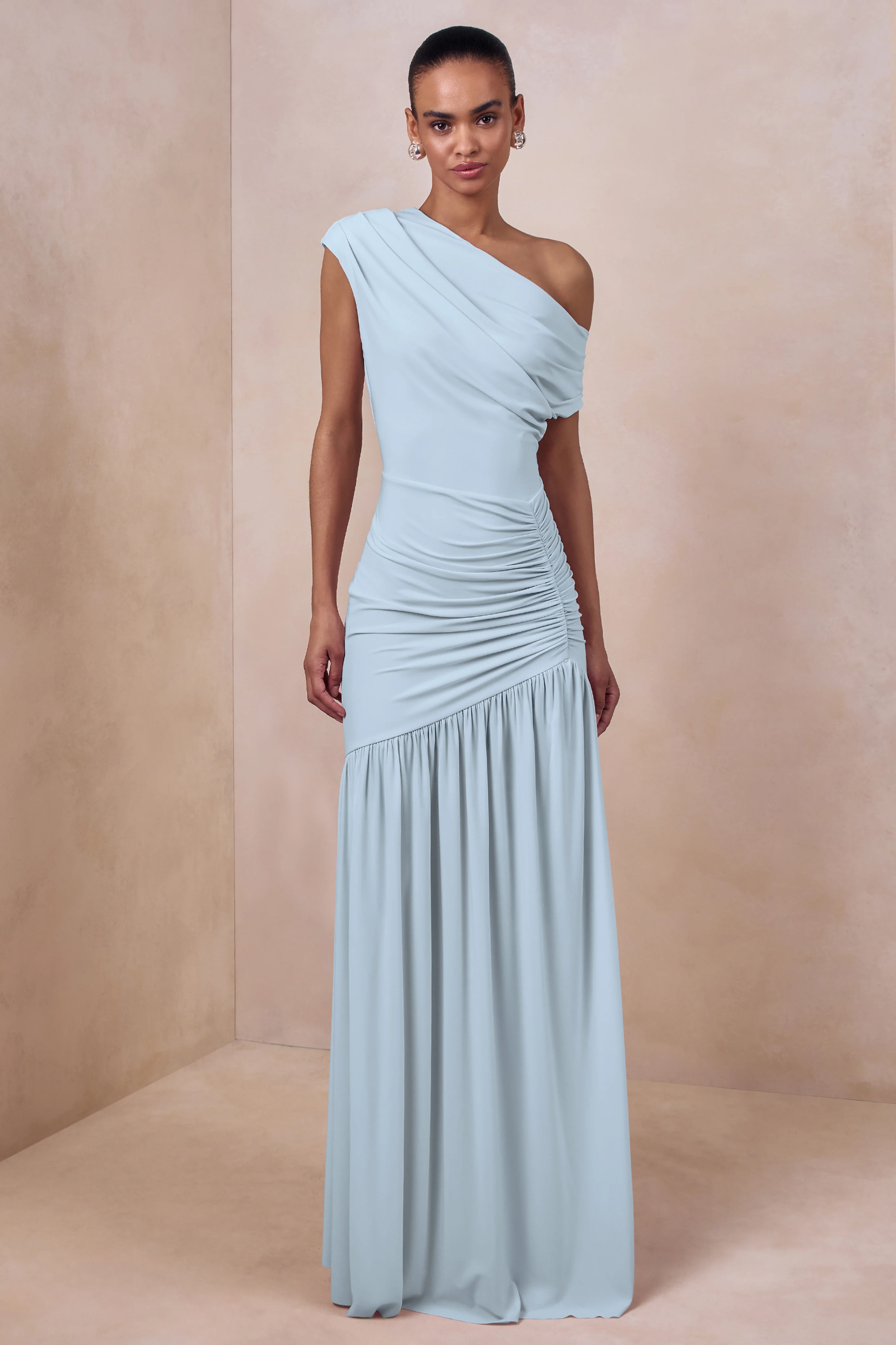 Kady | Powder Blue Asymmetric-Neck Maxi Dress With Ruched Detailing - Image 4