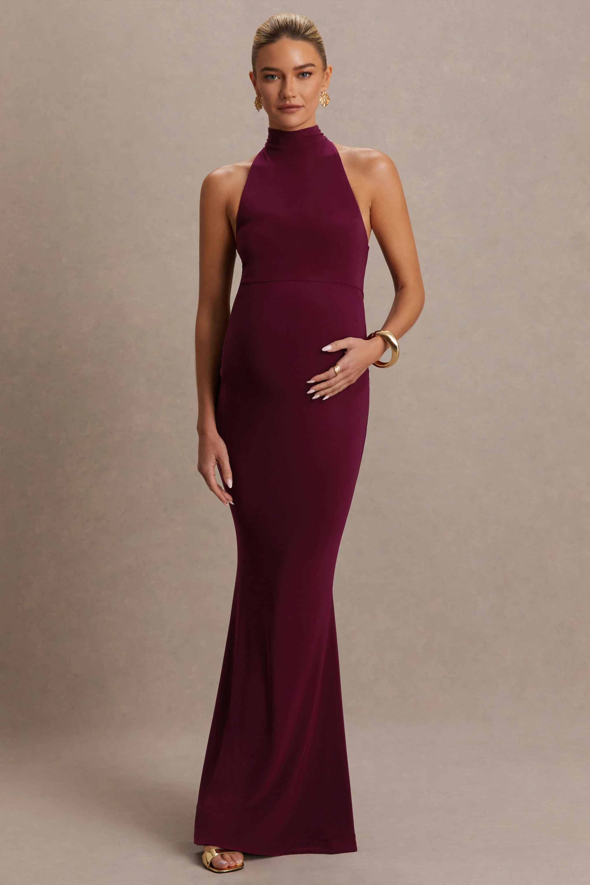 Kaia | Burgundy Halter-Neck Maternity Dress - Image 4