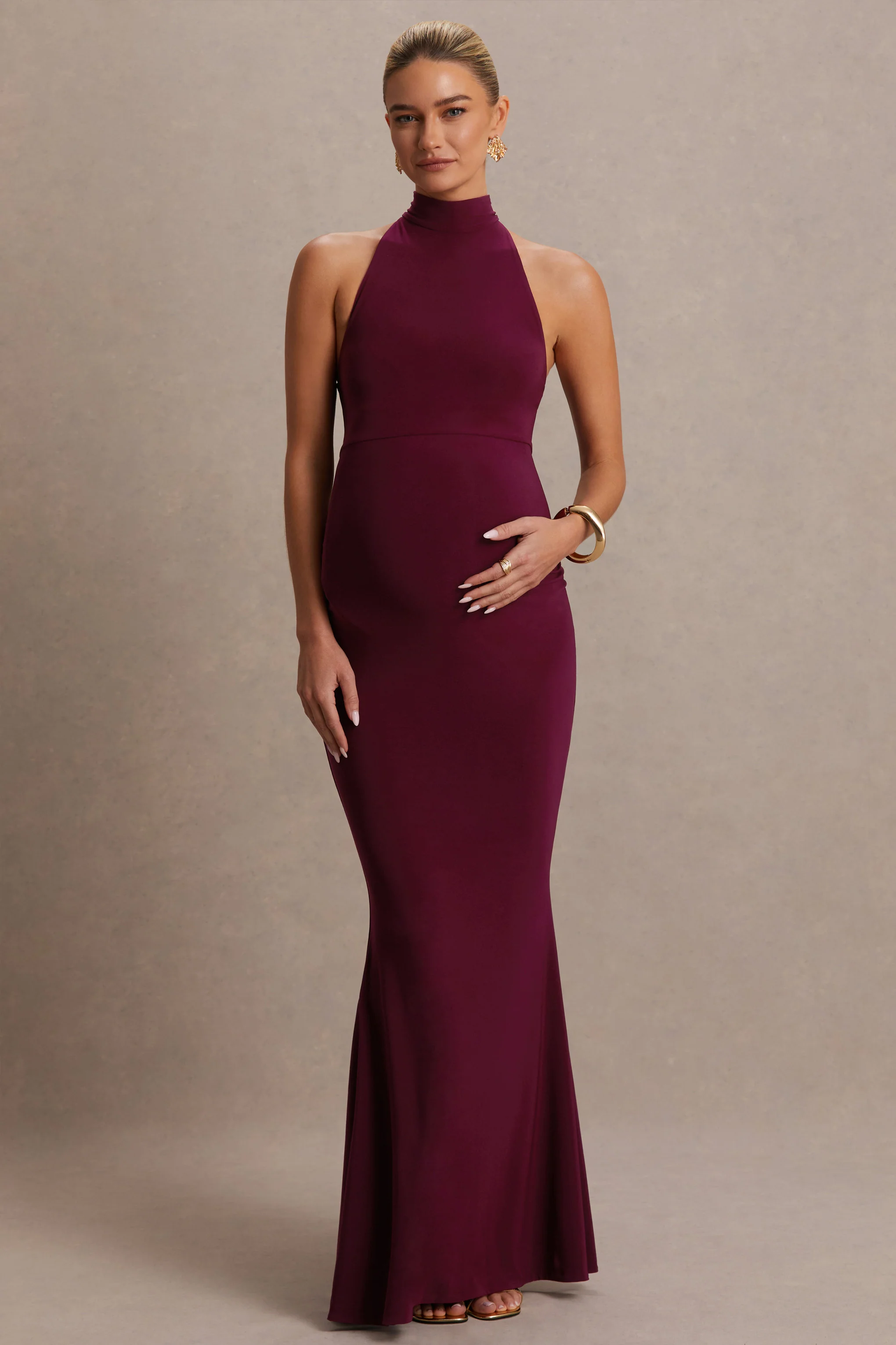 Kaia | Burgundy Halter-Neck Maternity Dress - Image 5