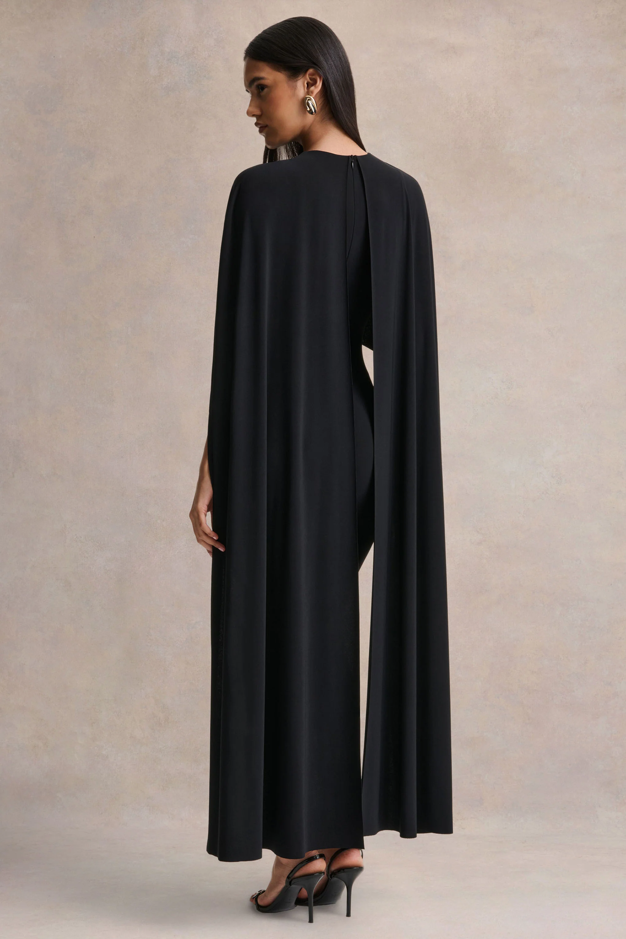 Kalani | Black Crew-Neck Midi Dress With Cape-Sleeves - Image 2