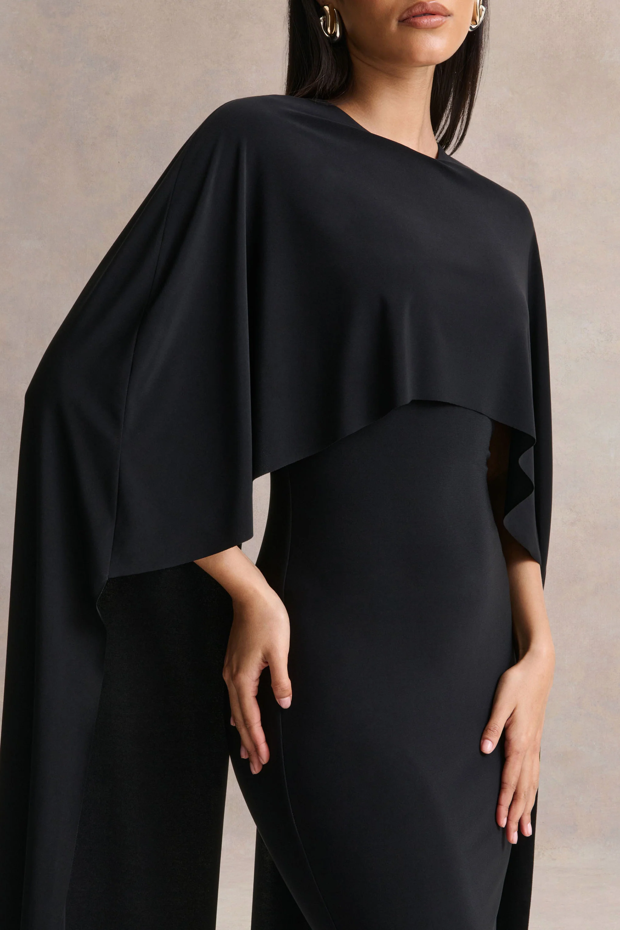 Kalani | Black Crew-Neck Midi Dress With Cape-Sleeves - Image 3