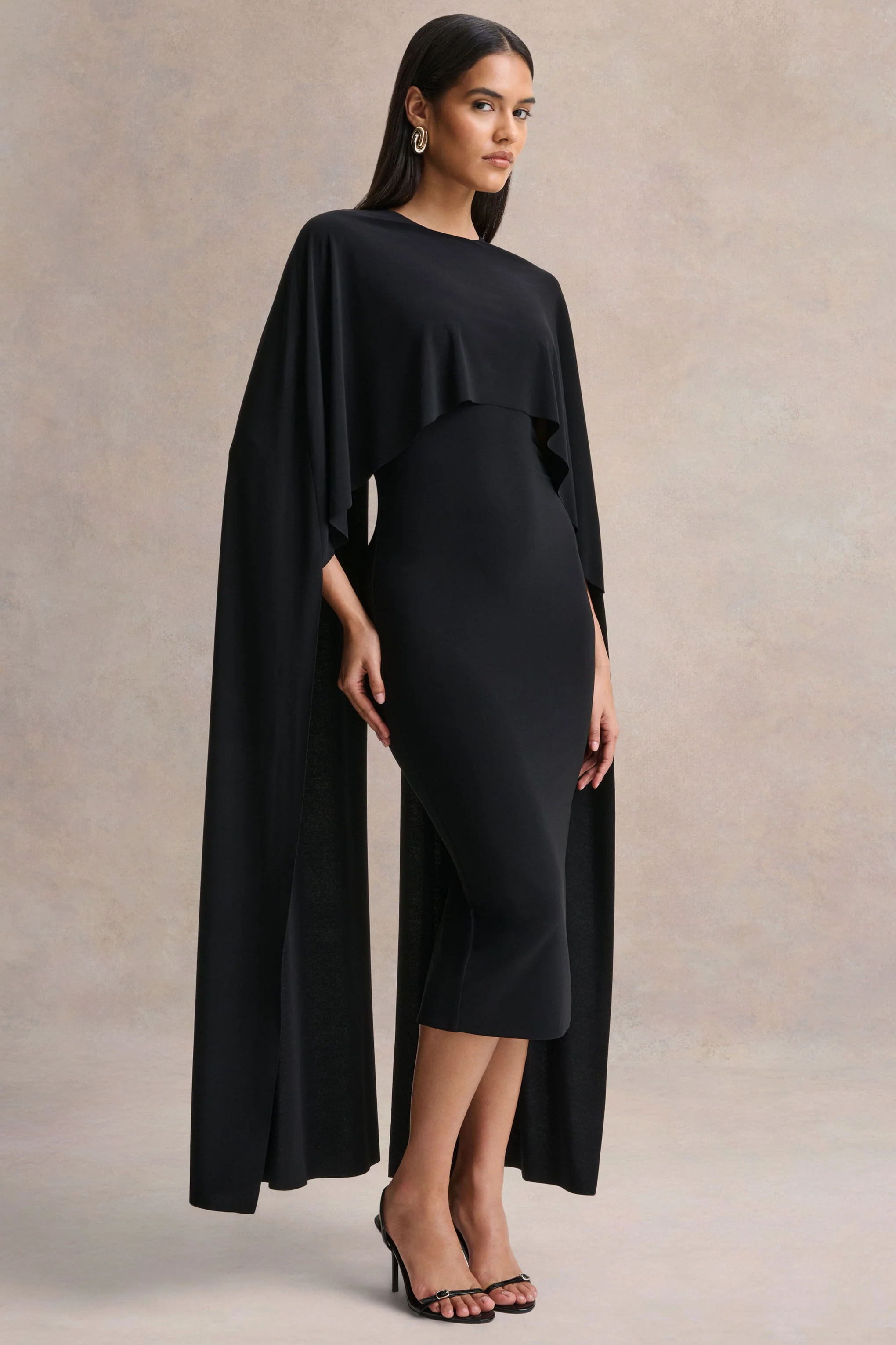 Kalani | Black Crew-Neck Midi Dress With Cape-Sleeves - Image 4