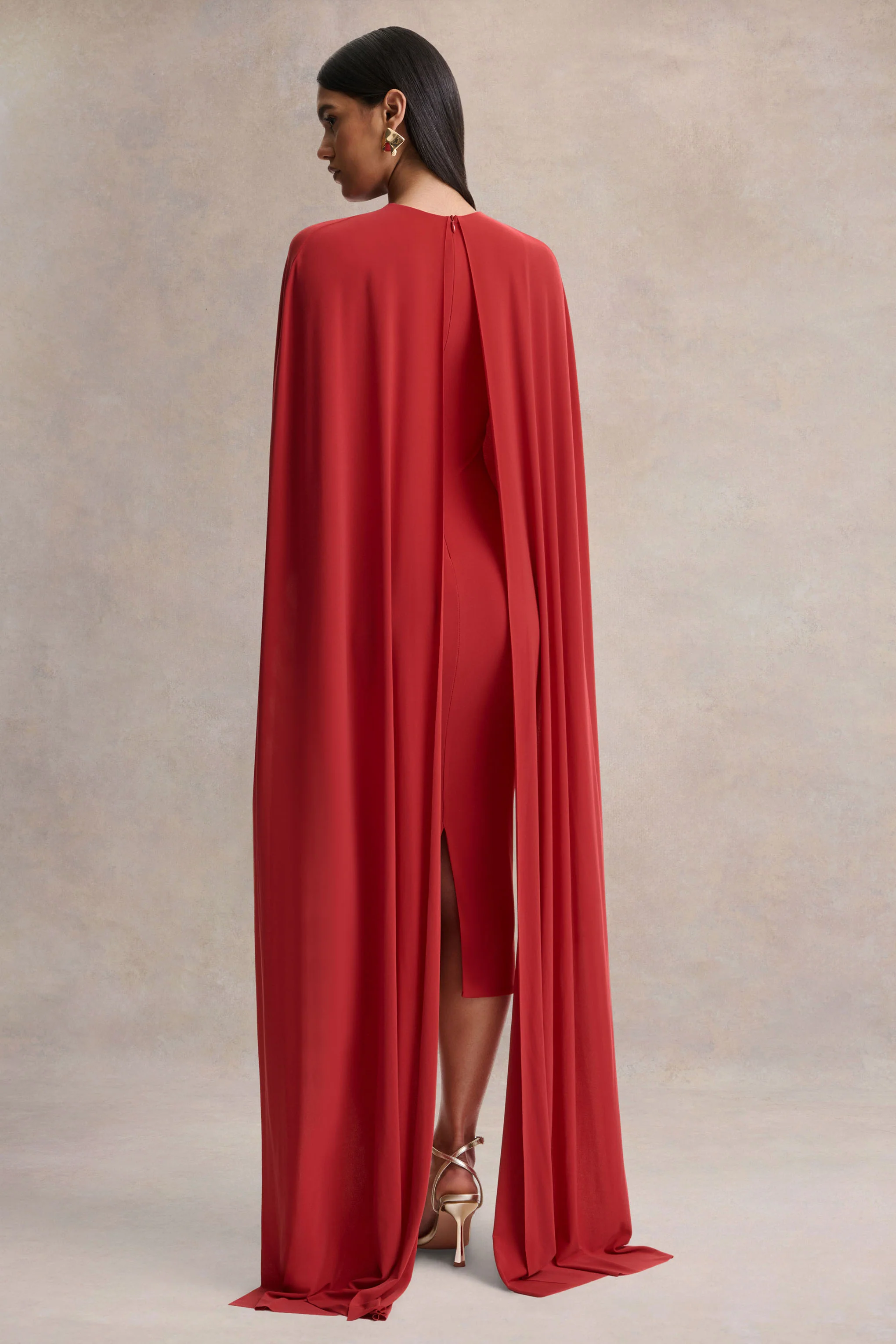 Kalani | Red Crew-Neck Midi Dress With Cape-Sleeves - Image 2