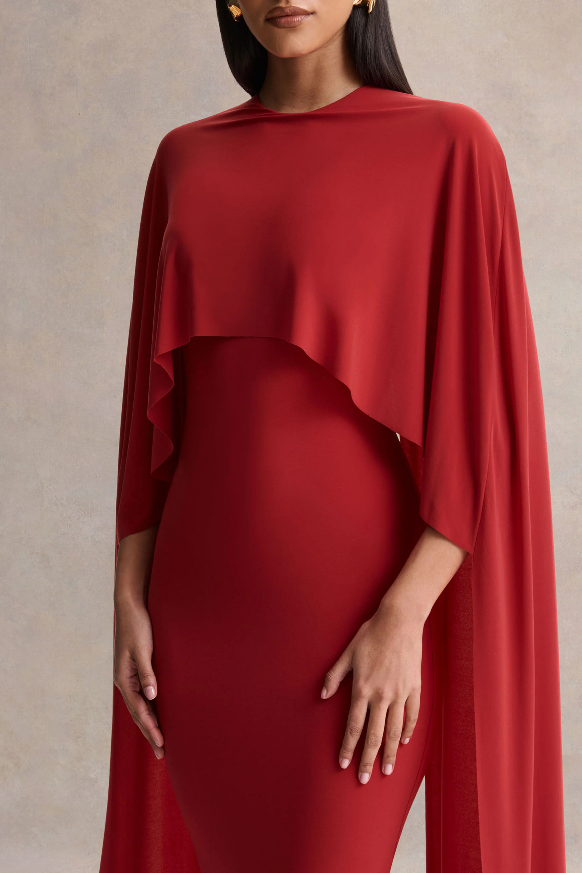 Kalani | Red Crew-Neck Midi Dress With Cape-Sleeves - Image 3