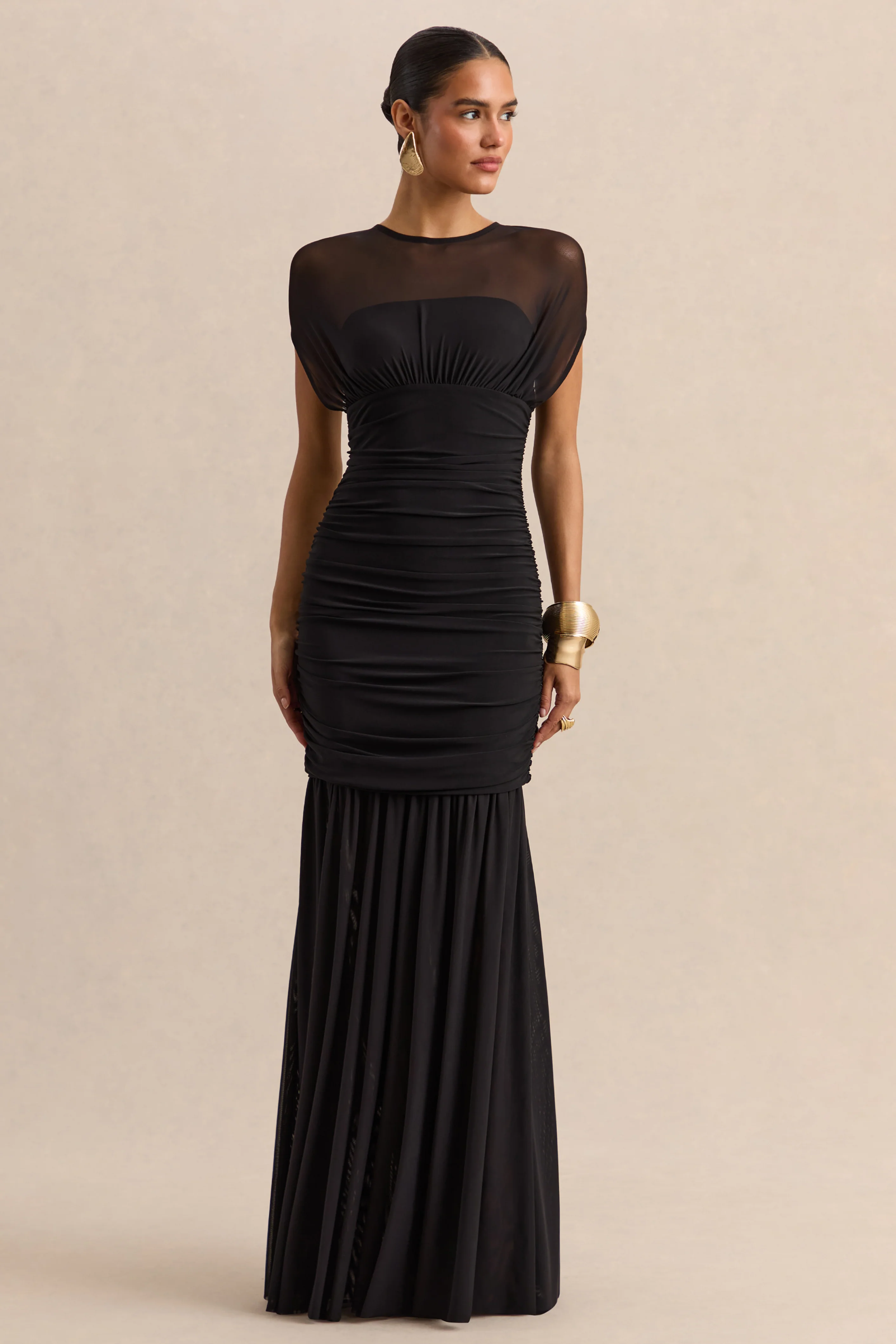 Kalene | Black Wide-Neck Maxi Dress With Sheer-Detailing - Image 4