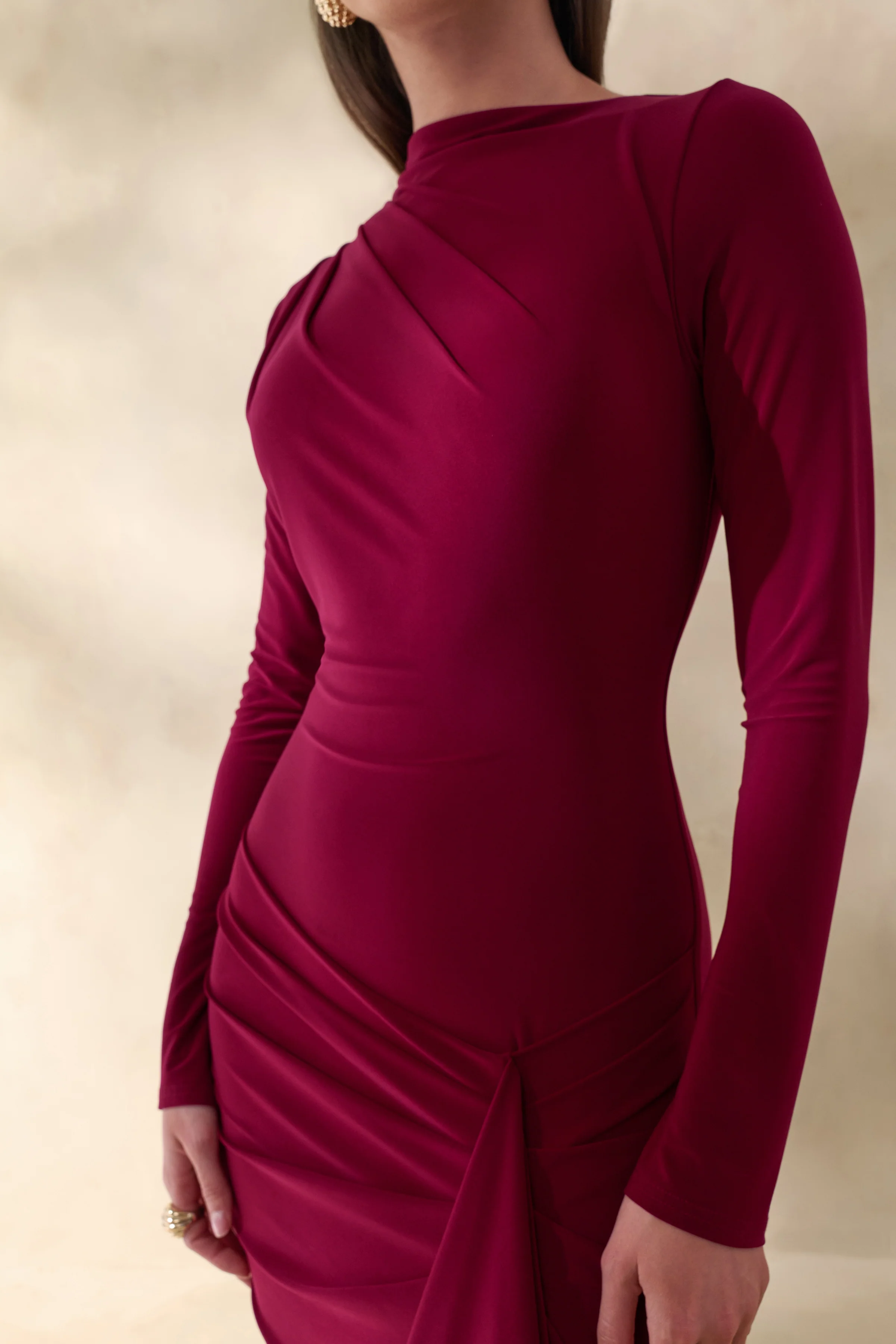Karessa | Berry High-Neck Maxi Dress With Gathered Detailing And Front-High Split - Image 3