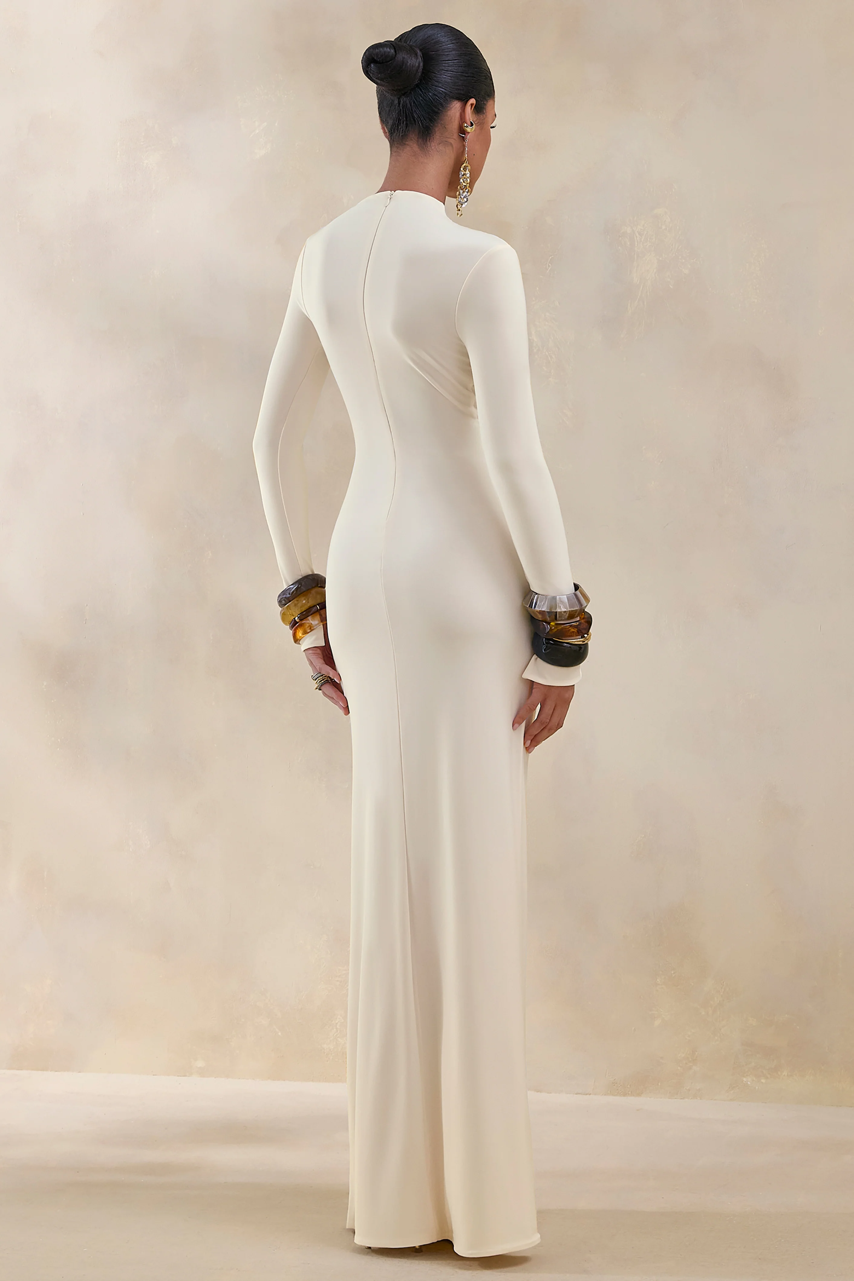 Karessa | Cream High-Neck Maxi Dress With Gathered Detailing And Front-High Split - Image 2