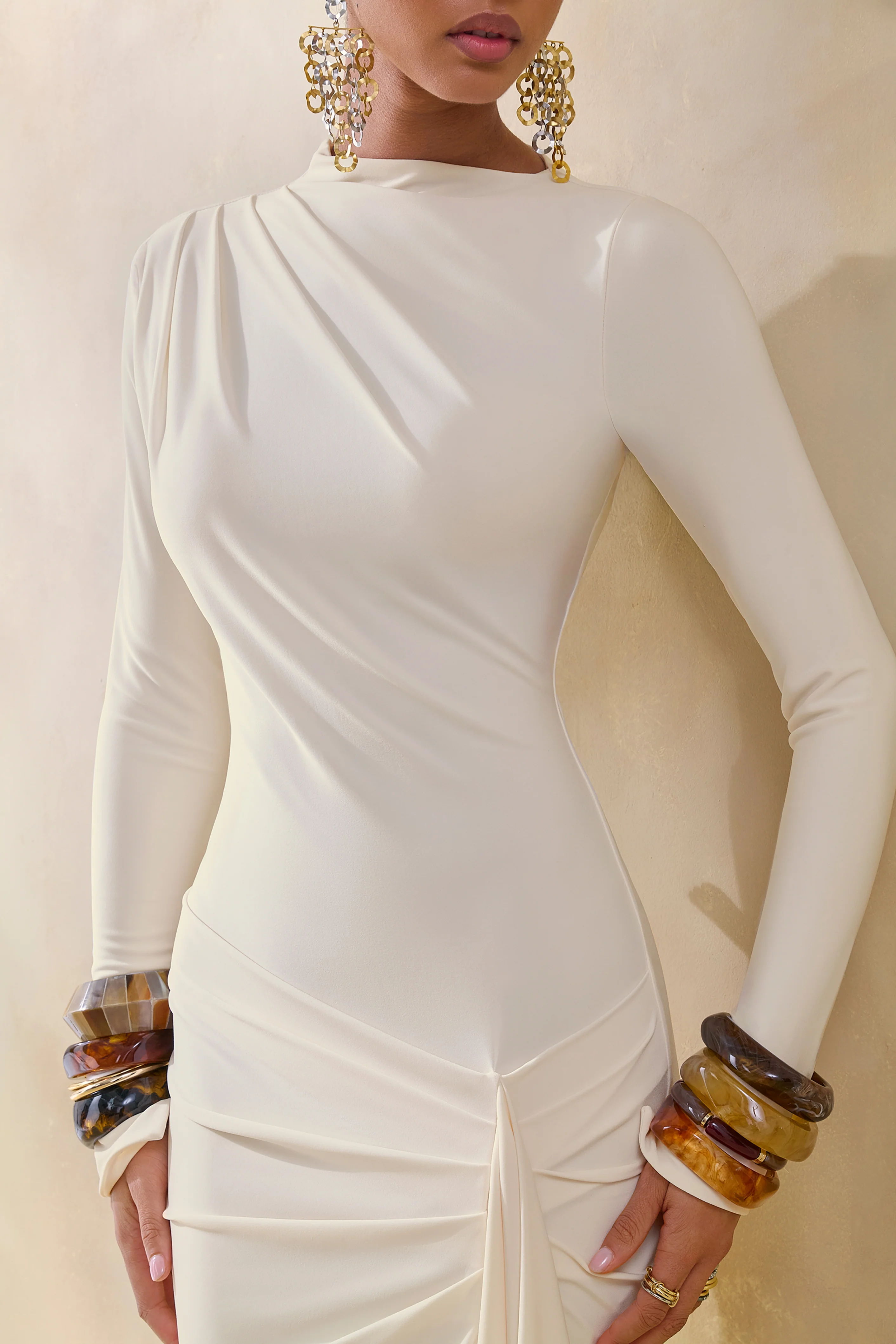 Karessa | Cream High-Neck Maxi Dress With Gathered Detailing And Front-High Split - Image 3