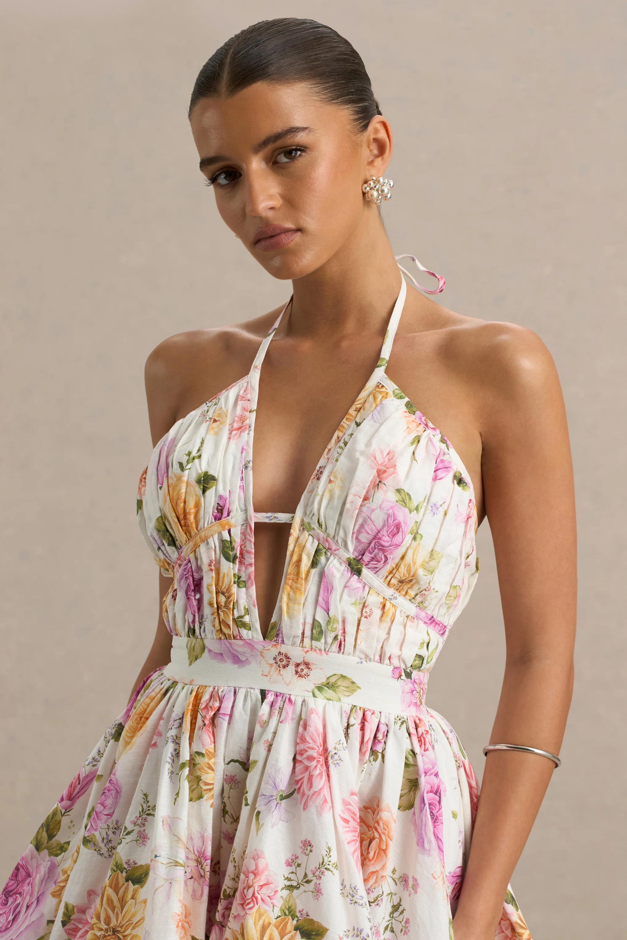 Kasey | Cream Floral Print Halter-Neck Mini Dress With Ruffle Detail - Image 4