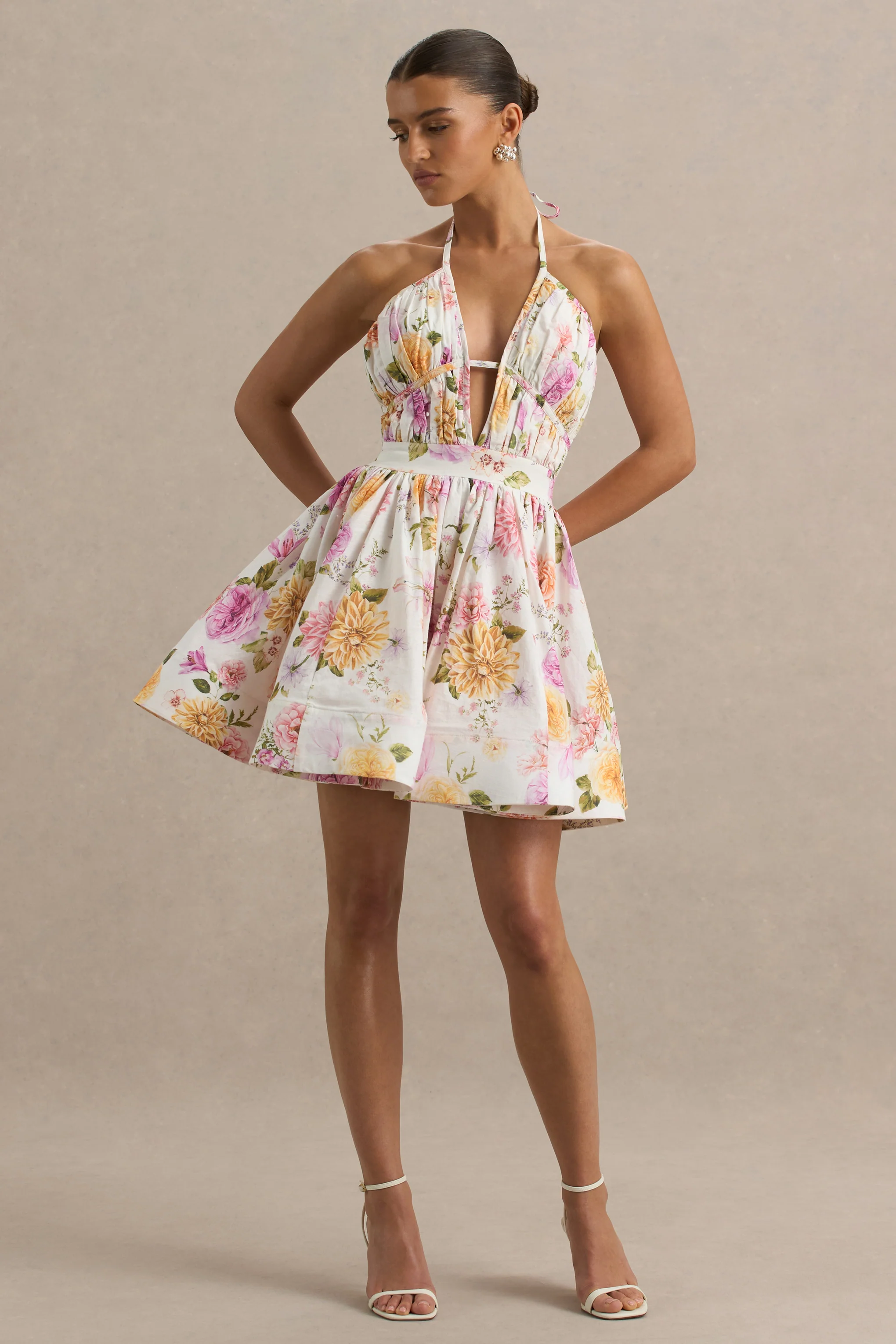 Kasey | Cream Floral Print Halter-Neck Mini Dress With Ruffle Detail - Image 5