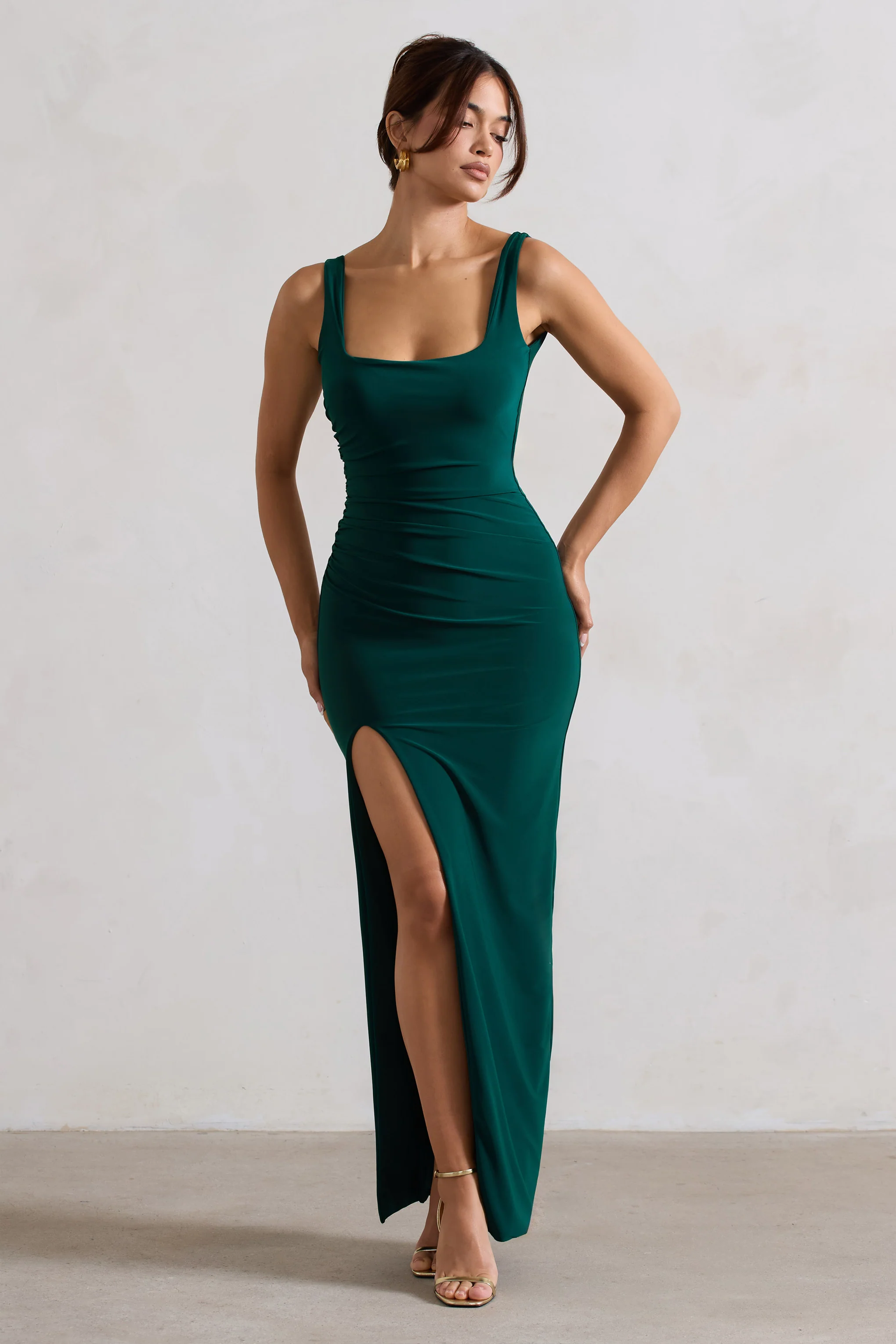 Kate | Bottle Green Square Neck Maxi Dress with Plunge Back and Side Thigh Split - Image 3