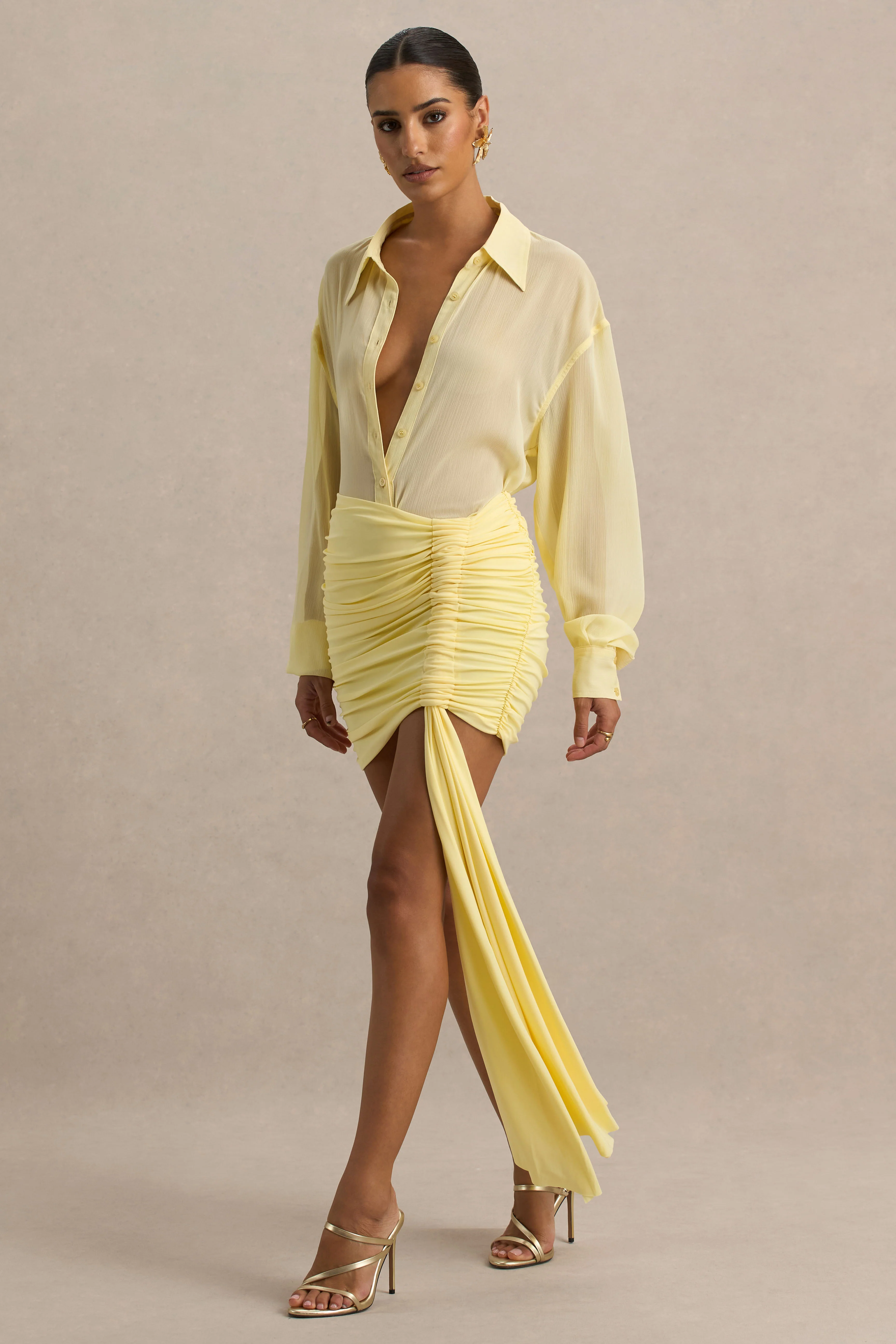 Katelyn | Lemon Ruched Wrap Mini Skirt With Sash - Image 3