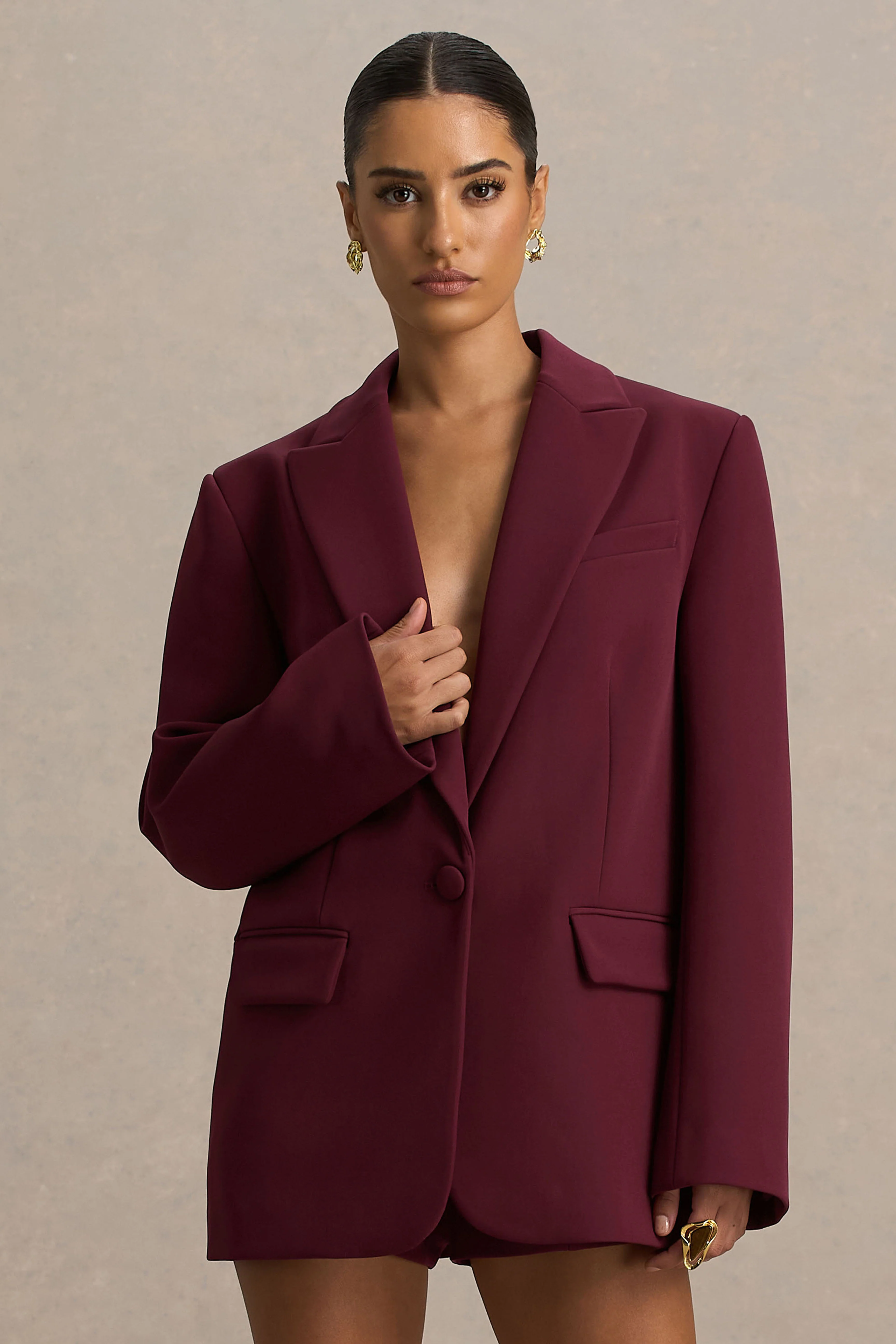 Katherine | Burgundy Plunge-Neck Oversized Blazer - Image 2