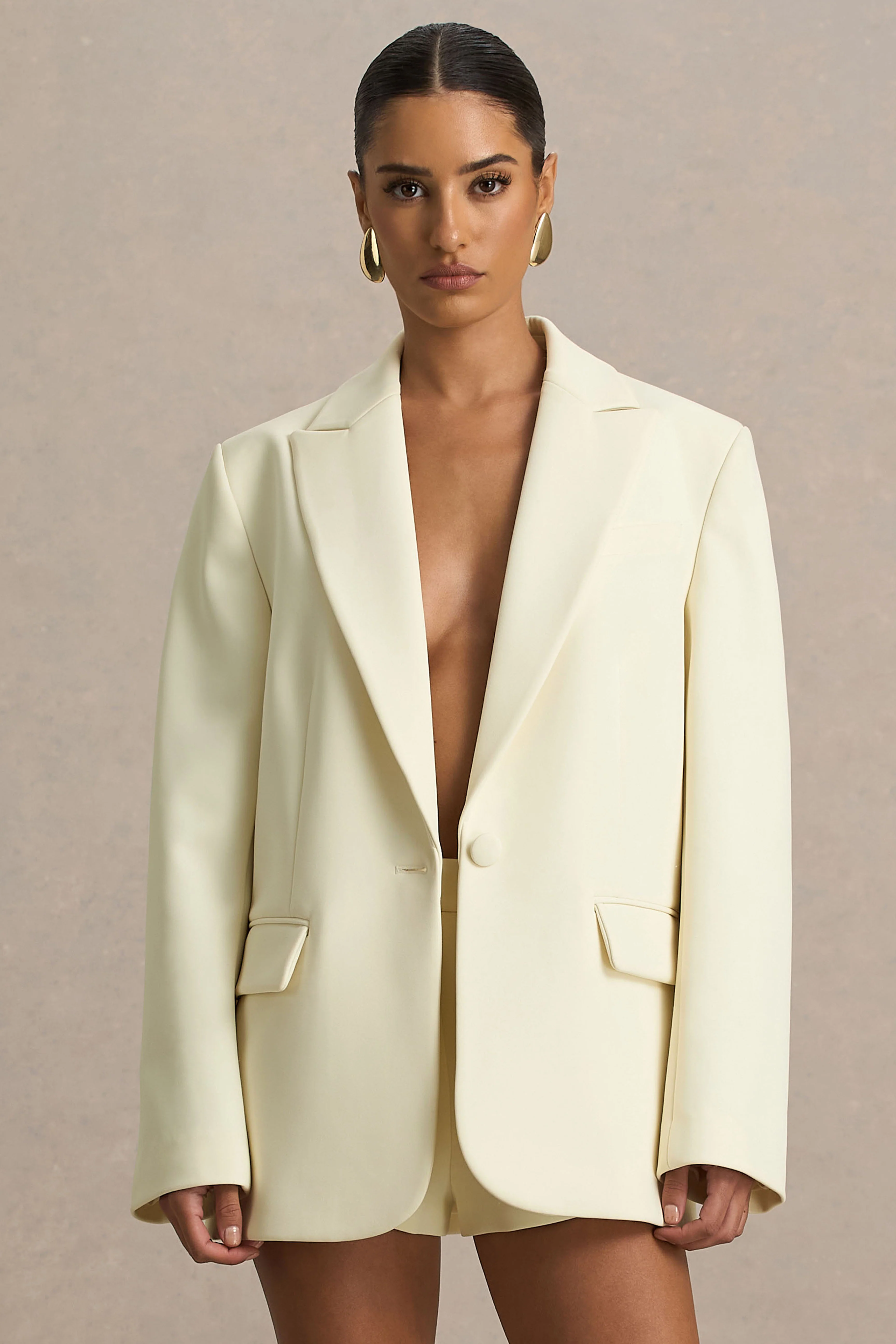 Katherine | Cream Oversized Plunge-Neck Blazer - Image 4