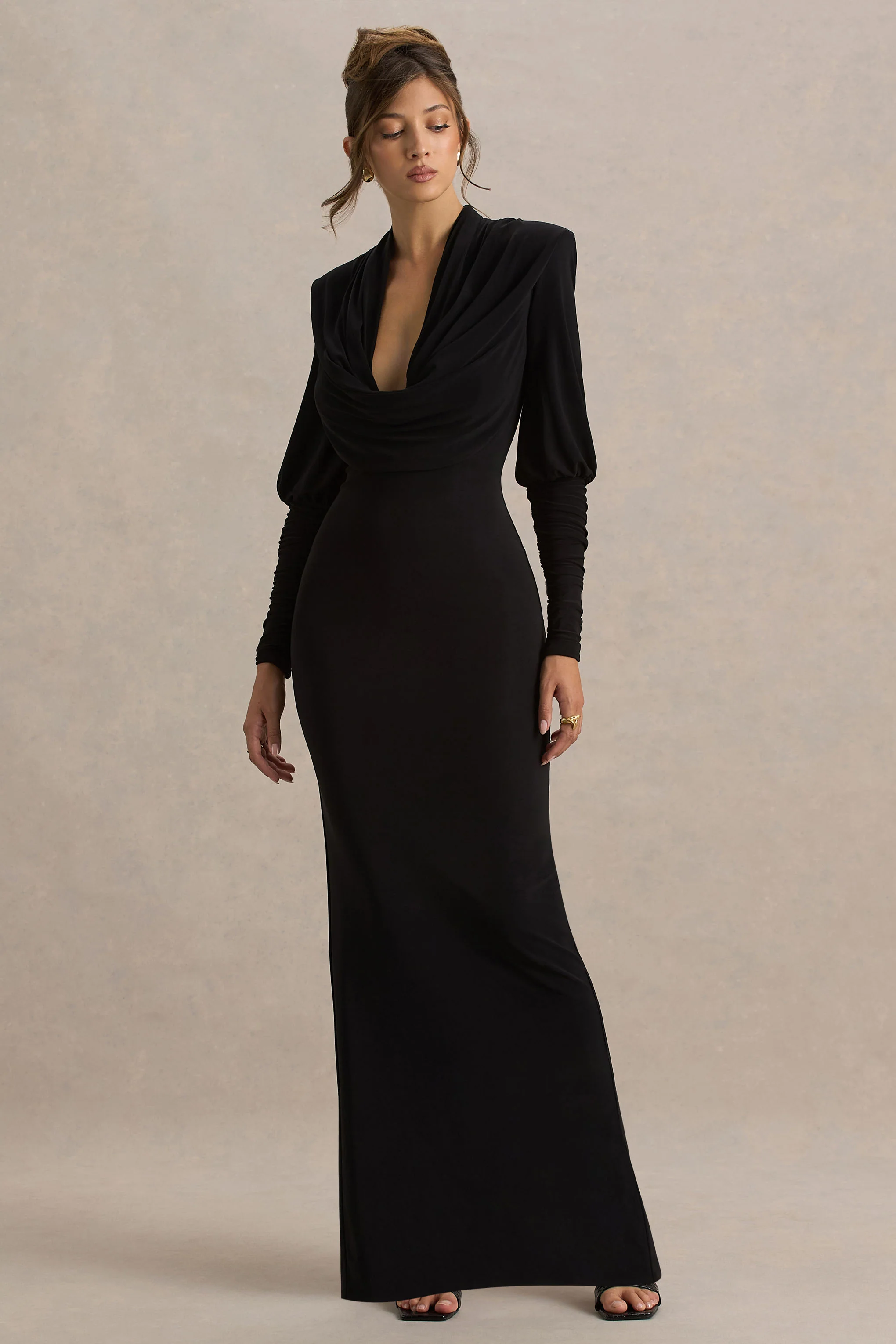 Kaylee | Black Cowl-Neck Maxi Dress With Draping Details - Image 4